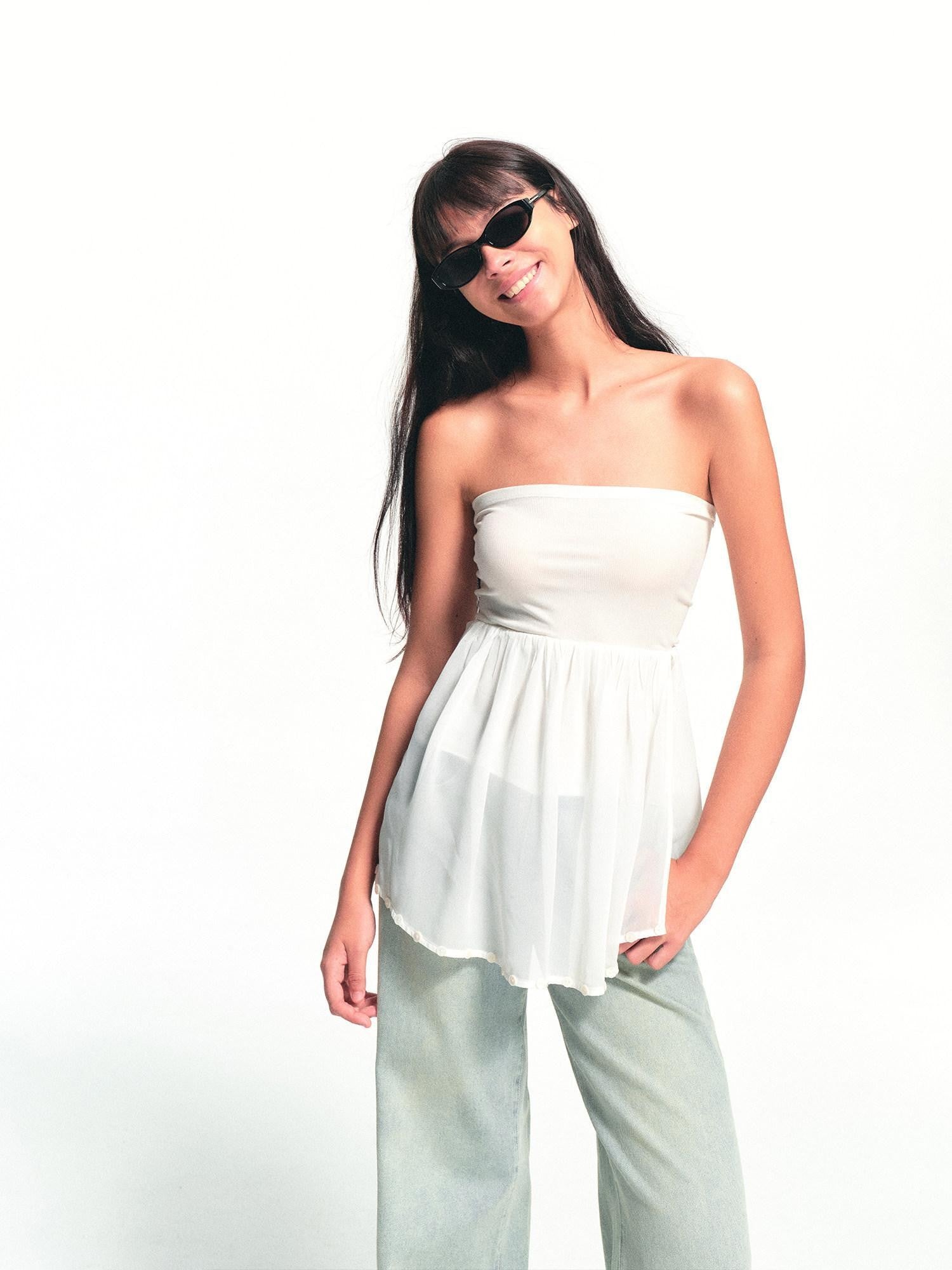 kvkv Cropped Button Drawstring Off Shoulder Bandeau Women&