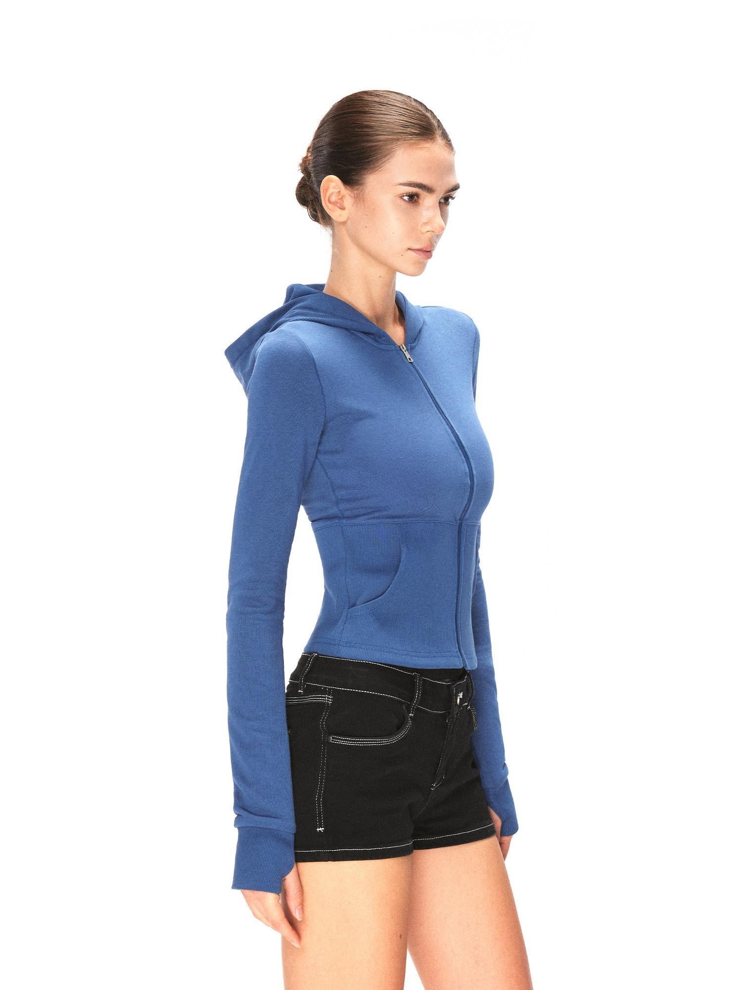 kvkv Cropped Cinched Waist Zip Hooded Athletic Women Cotton Blend Galaxy Blue Hoodies