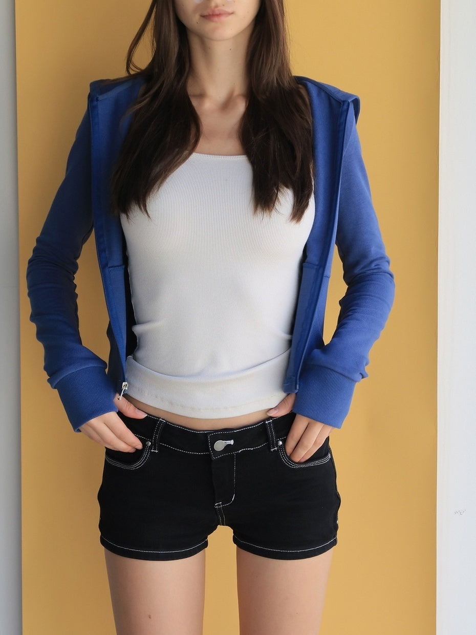 kvkv Cropped Cinched Waist Zip Hooded Athletic Women Cotton Blend Galaxy Blue Hoodies