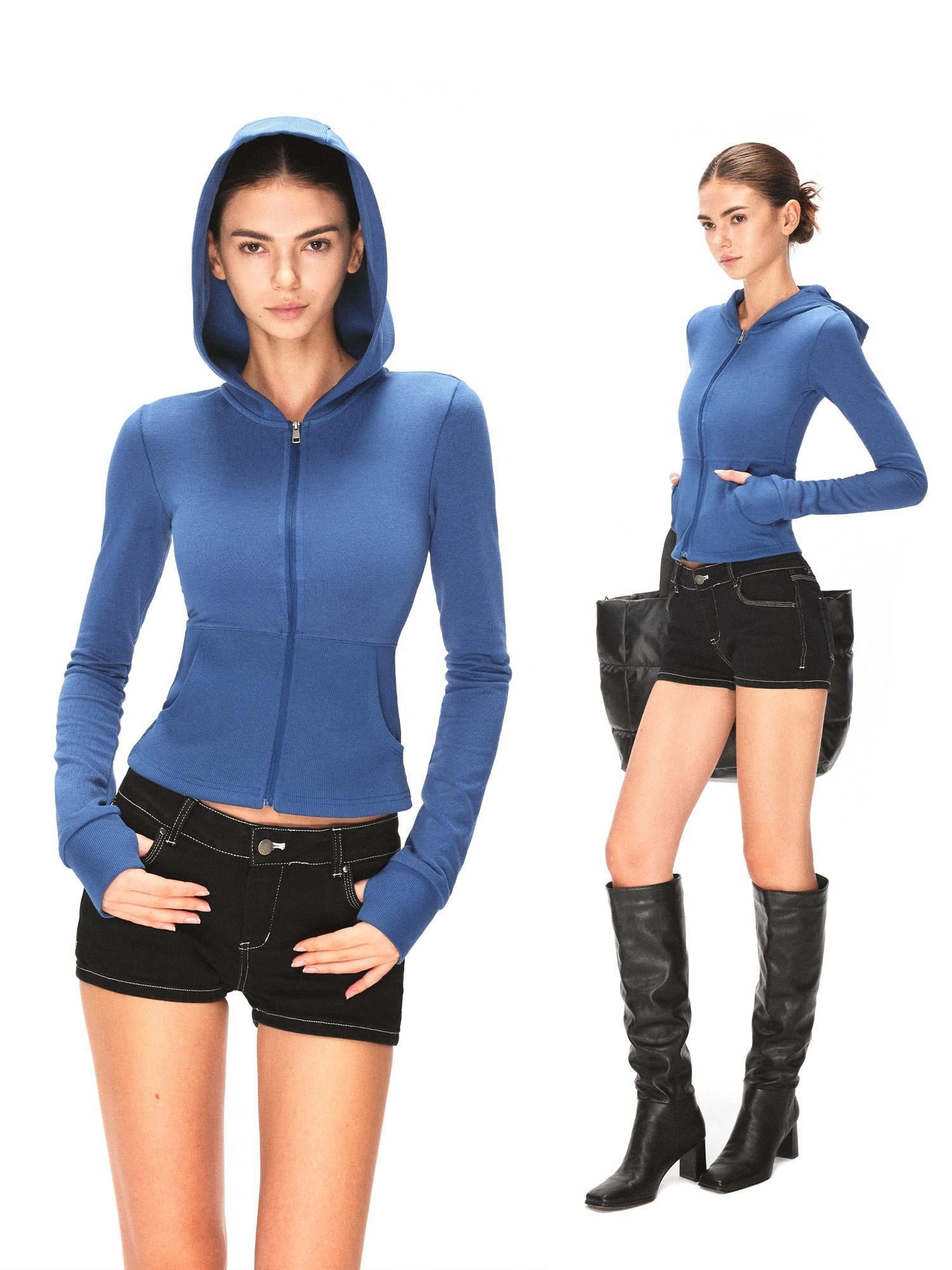 kvkv Cropped Cinched Waist Zip Hooded Athletic Women Cotton Blend Galaxy Blue Hoodies