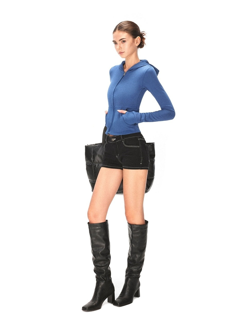 kvkv Cropped Cinched Waist Zip Hooded Athletic Women Cotton Blend Galaxy Blue Hoodies