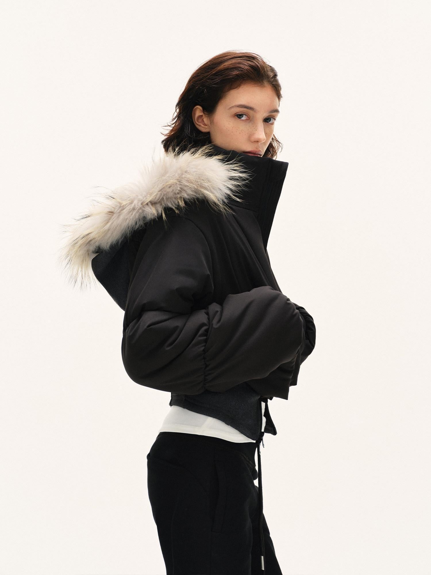 kvkv Cropped Real Fur Collar Waist Cinched Hooded Women&