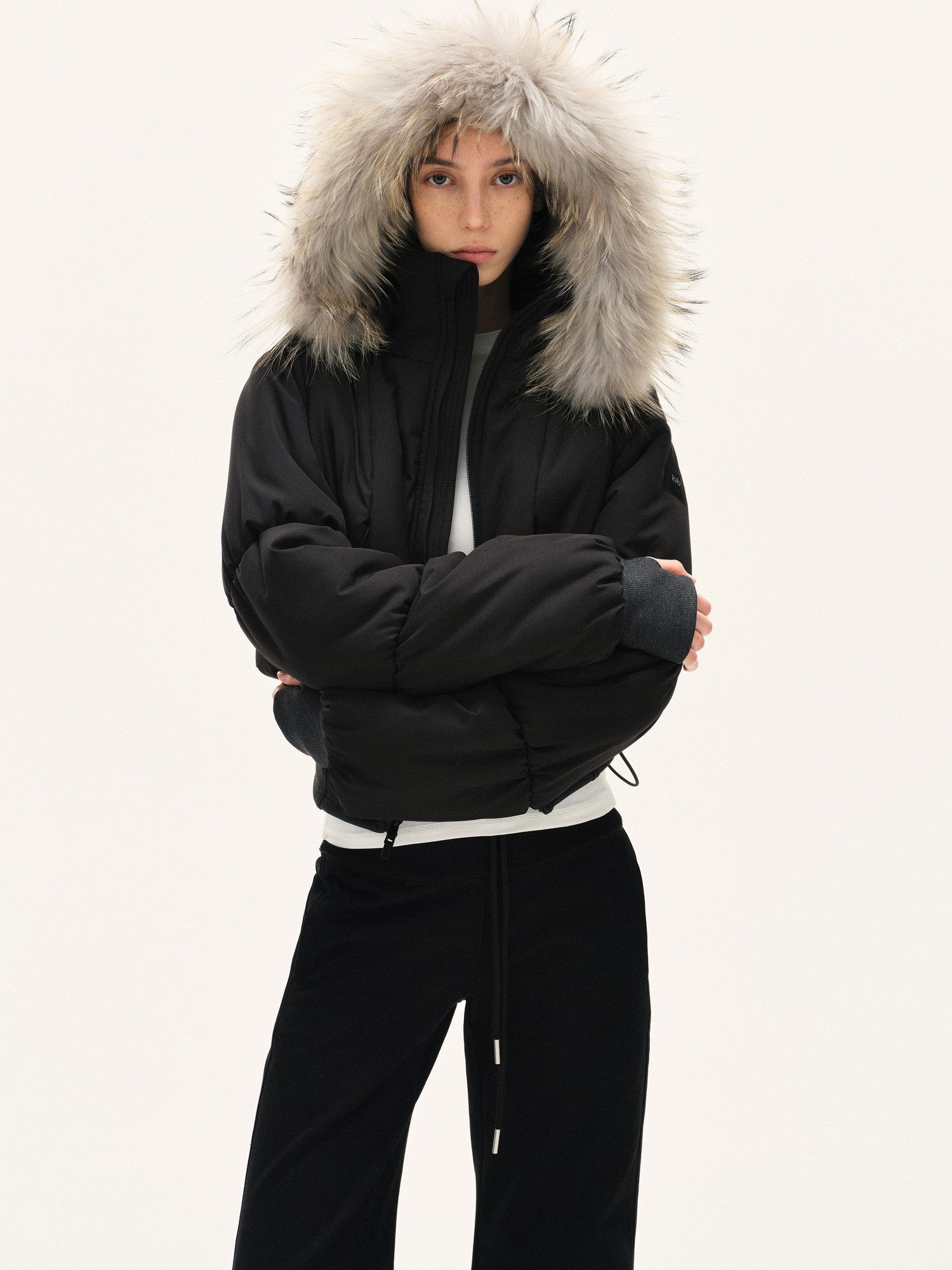 kvkv Cropped Real Fur Collar Waist Cinched Hooded Women&