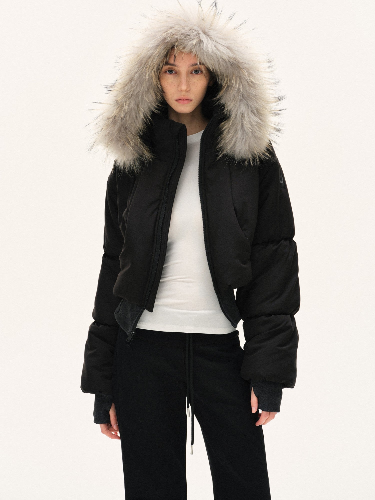 kvkv Cropped Real Fur Collar Waist Cinched Hooded Women&
