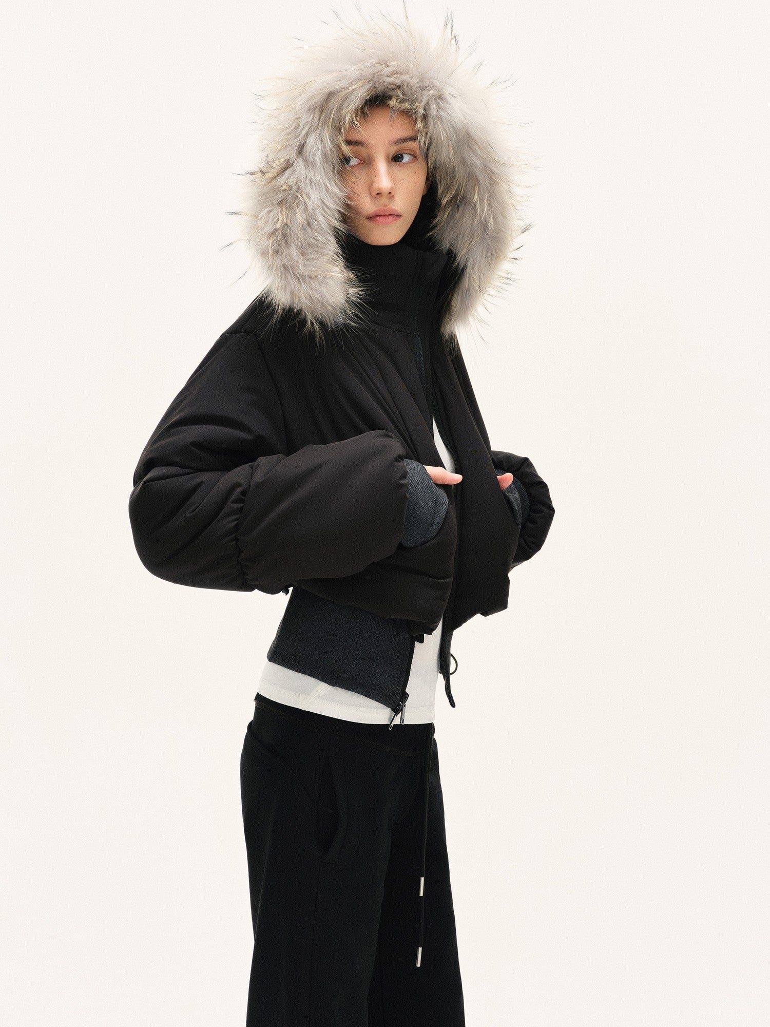kvkv Cropped Real Fur Collar Waist Cinched Hooded Women&