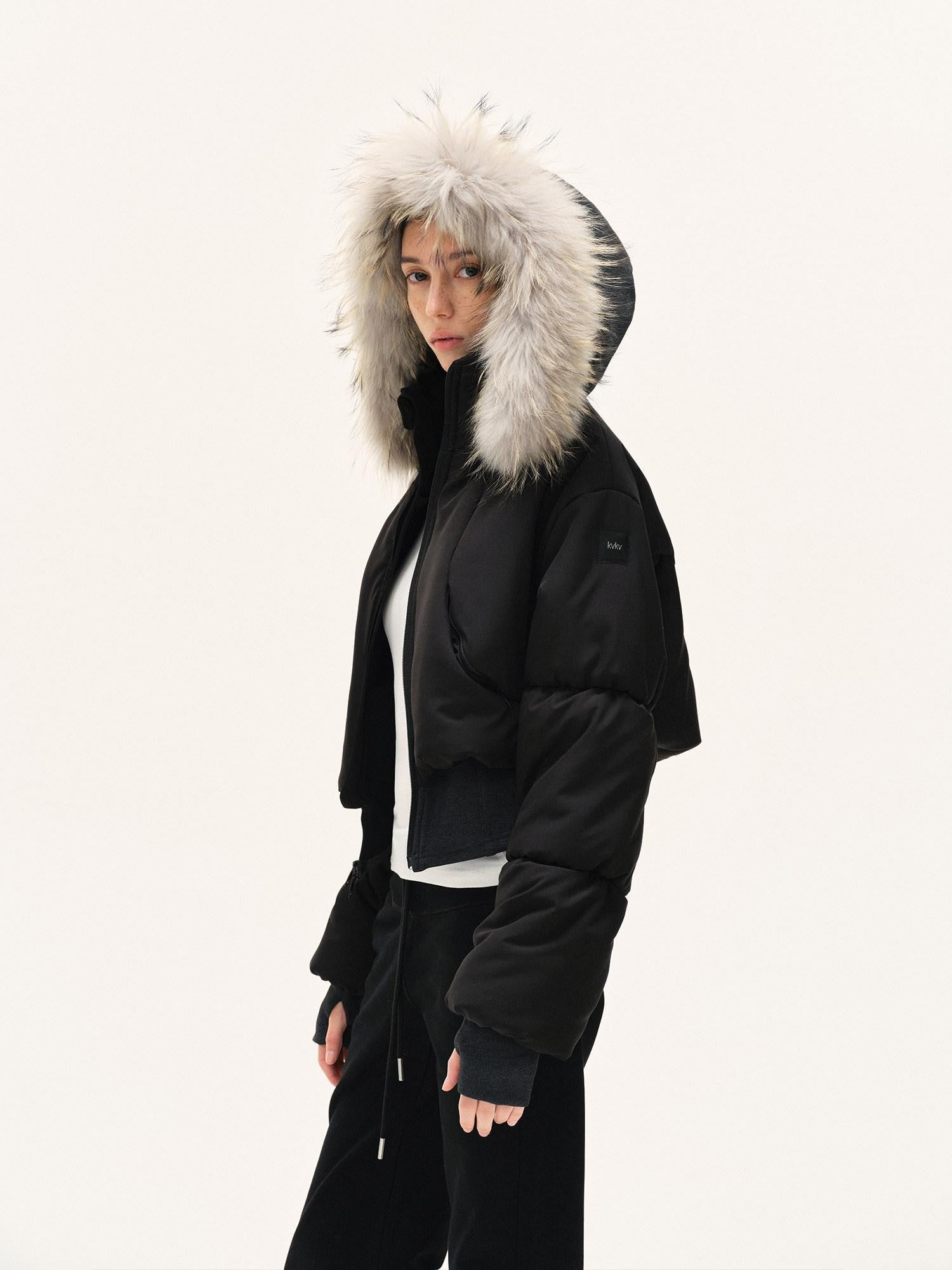 kvkv Cropped Real Fur Collar Waist Cinched Hooded Women&