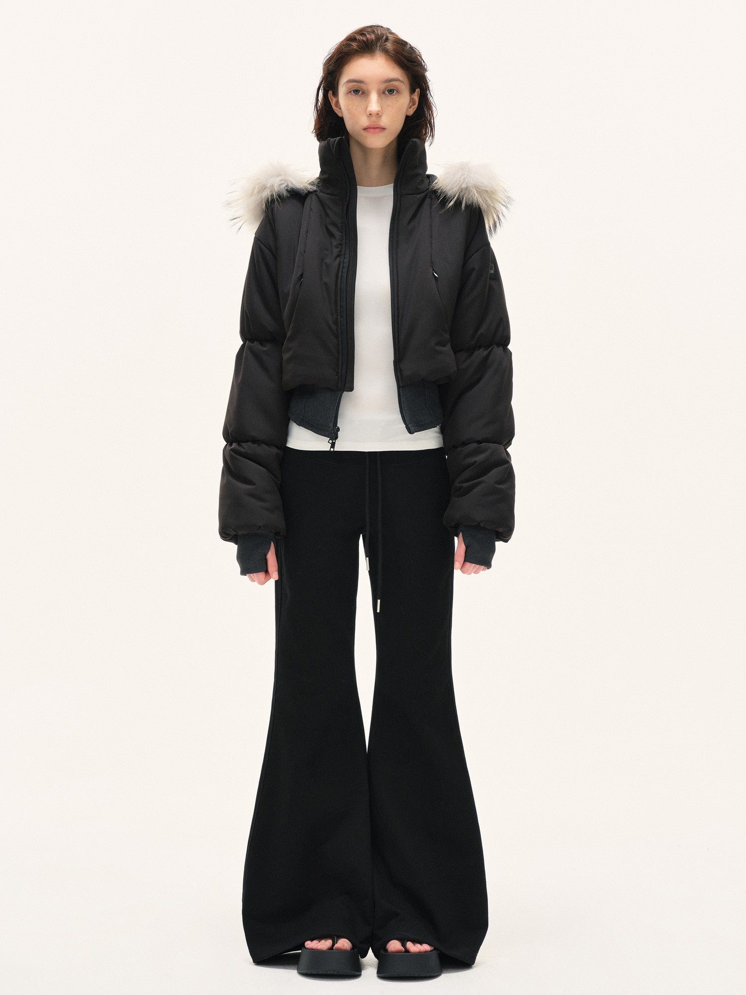 kvkv Cropped Real Fur Collar Waist Cinched Hooded Women&