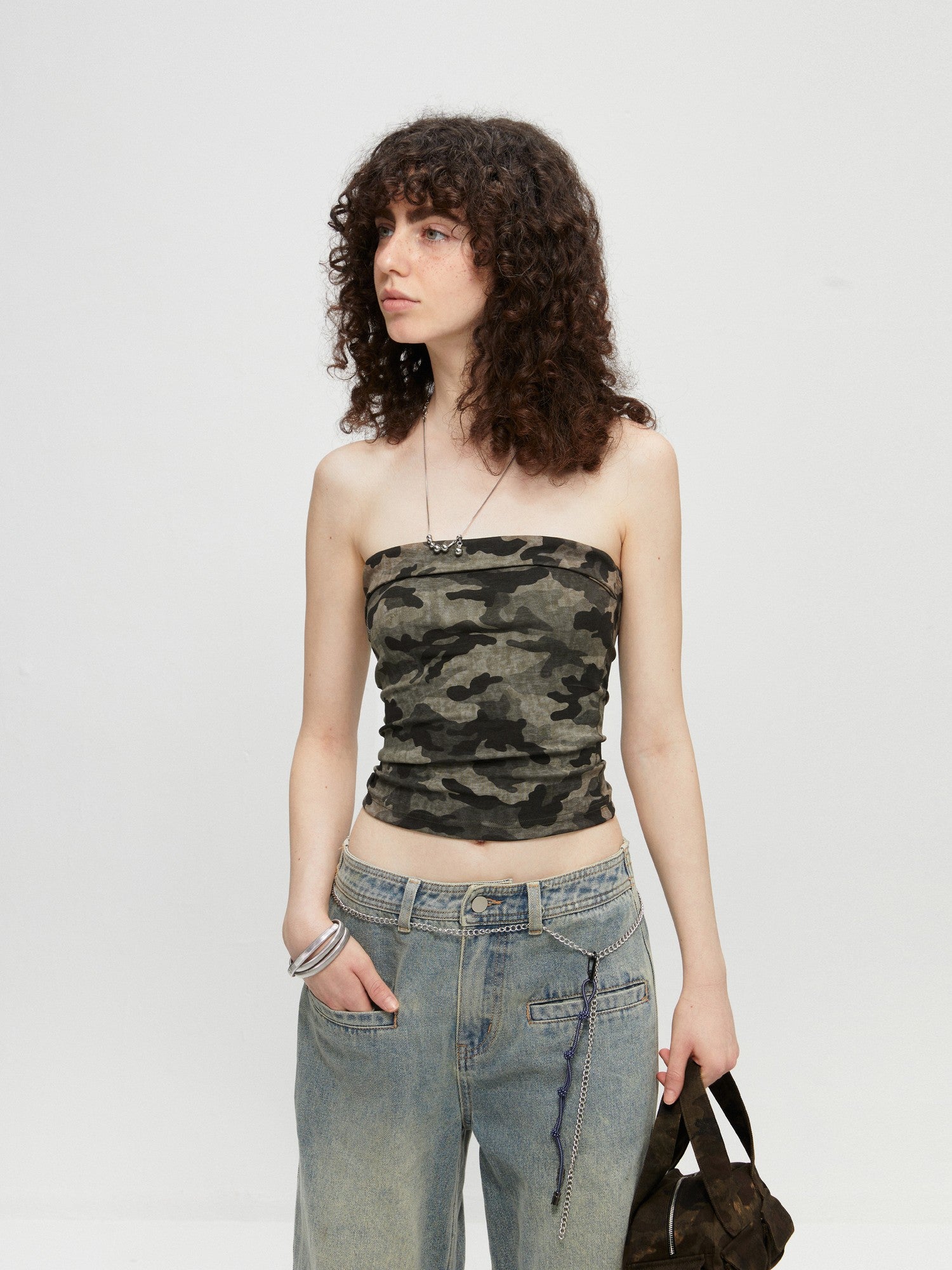 kvkv Cropped Rhinestone Camouflage Backless Bandeau Women&