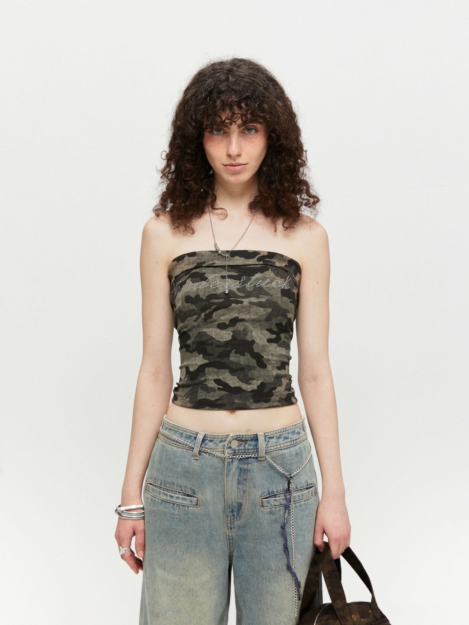 kvkv Cropped Rhinestone Camouflage Backless Bandeau Women&