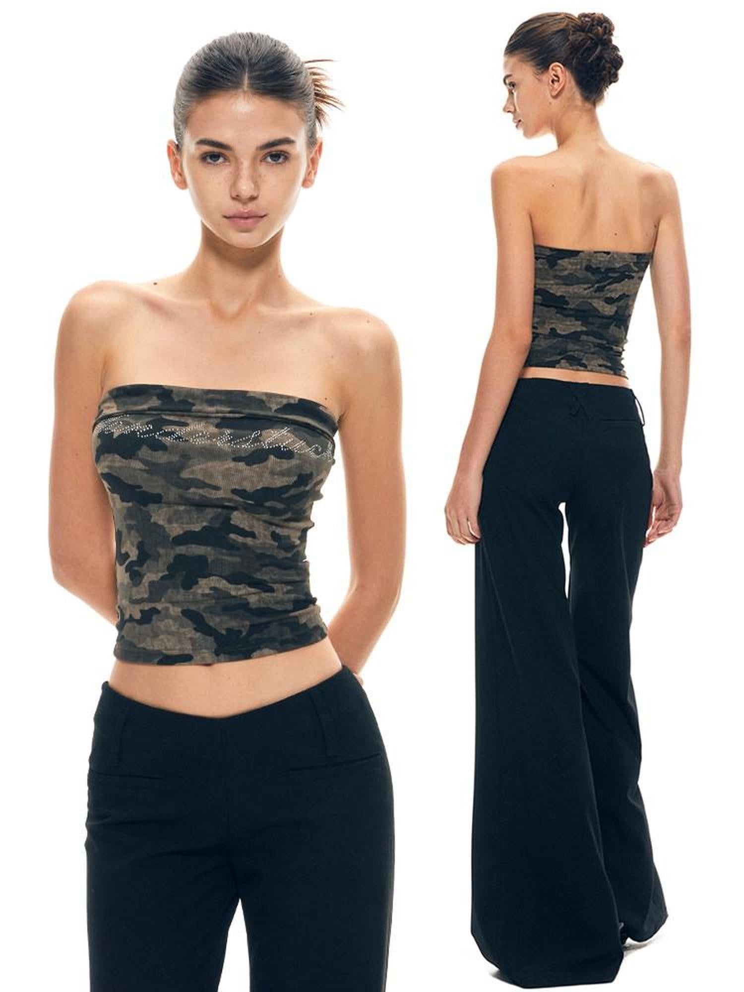 kvkv Cropped Rhinestone Camouflage Backless Bandeau Women&