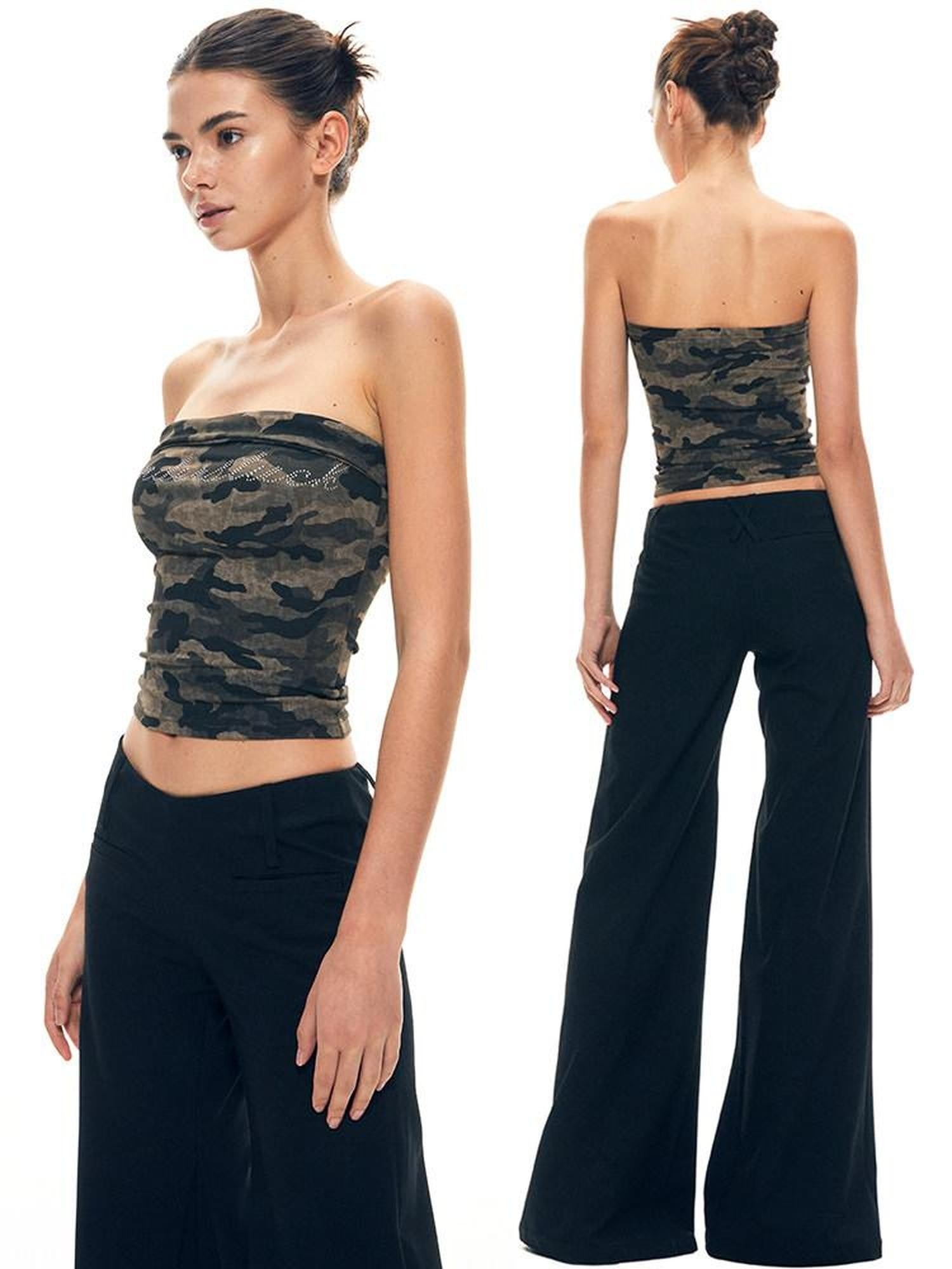 kvkv Cropped Rhinestone Camouflage Backless Bandeau Women&