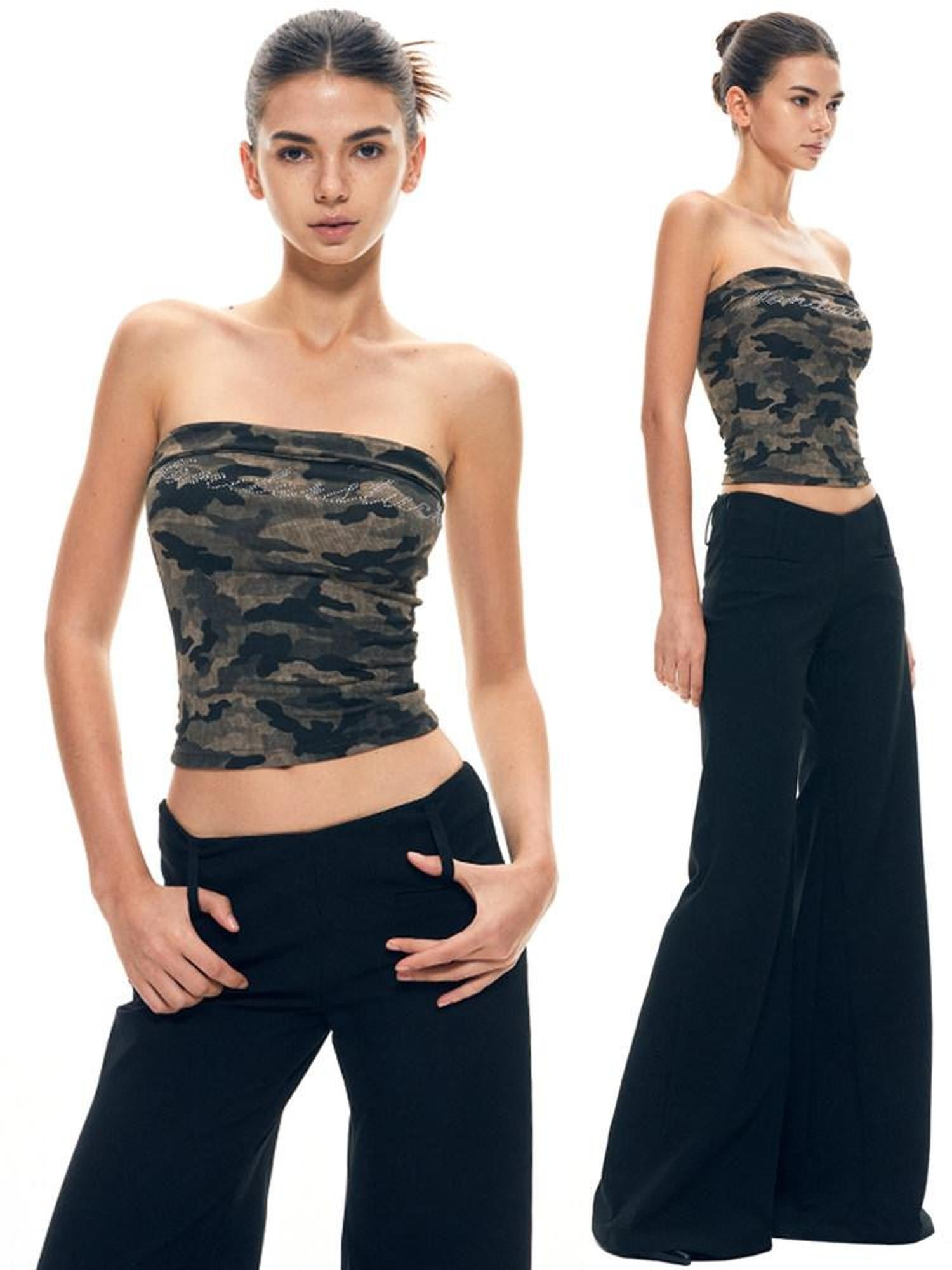 kvkv Cropped Rhinestone Camouflage Backless Bandeau Women&