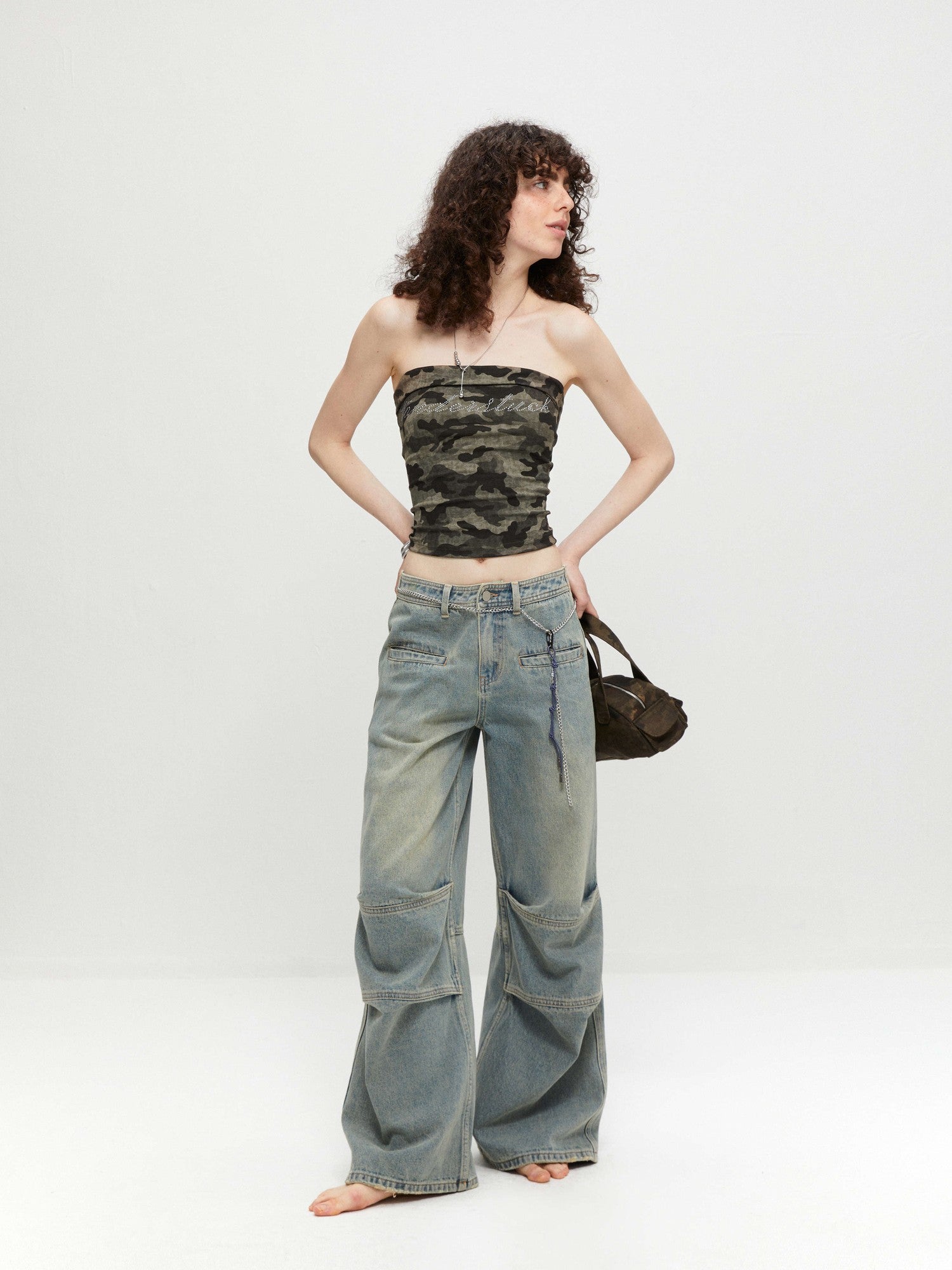 kvkv Cropped Rhinestone Camouflage Backless Bandeau Women&