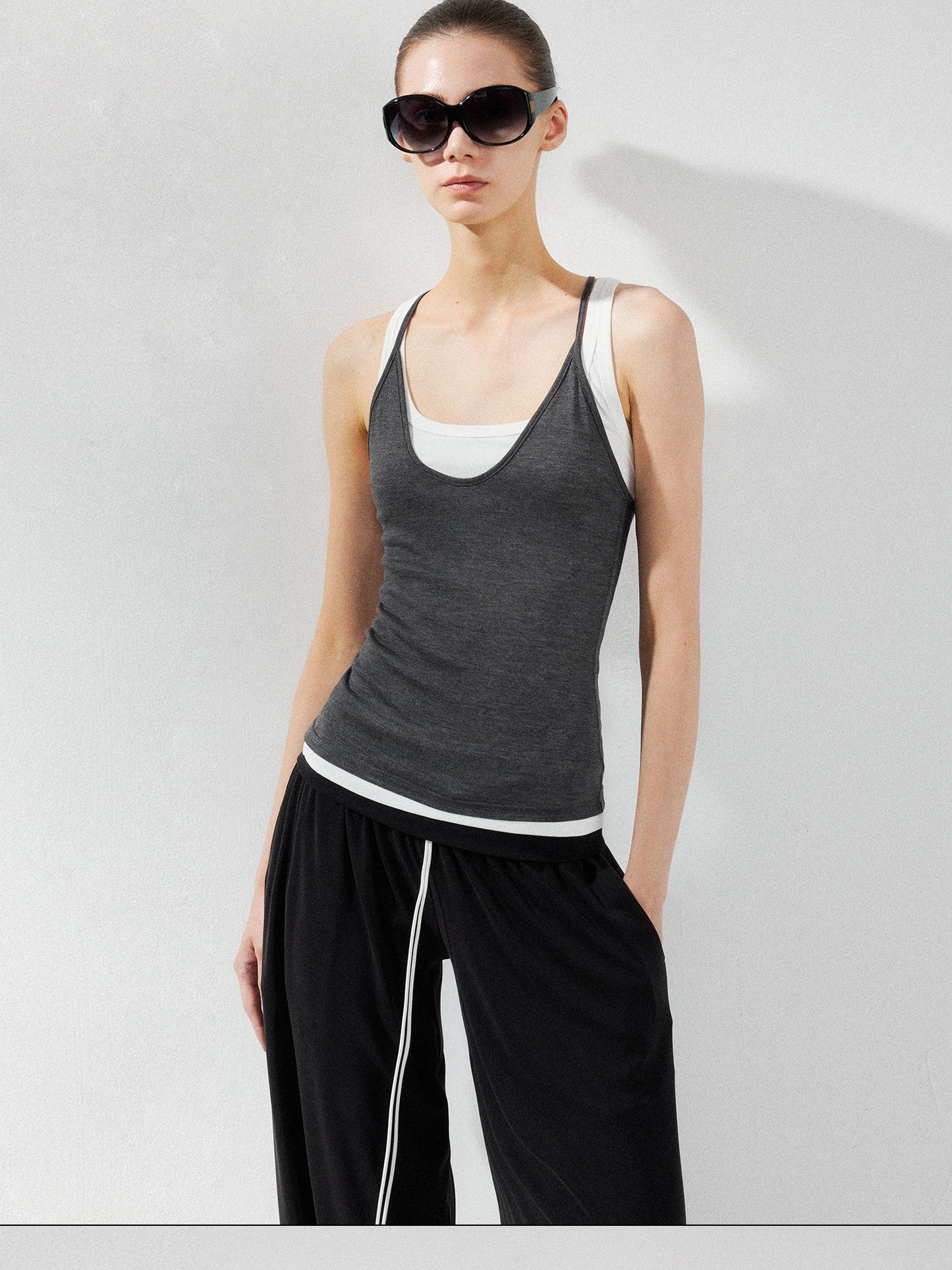 kvkv Deep Gray Contrast Faux Two Piece U Neck Women&