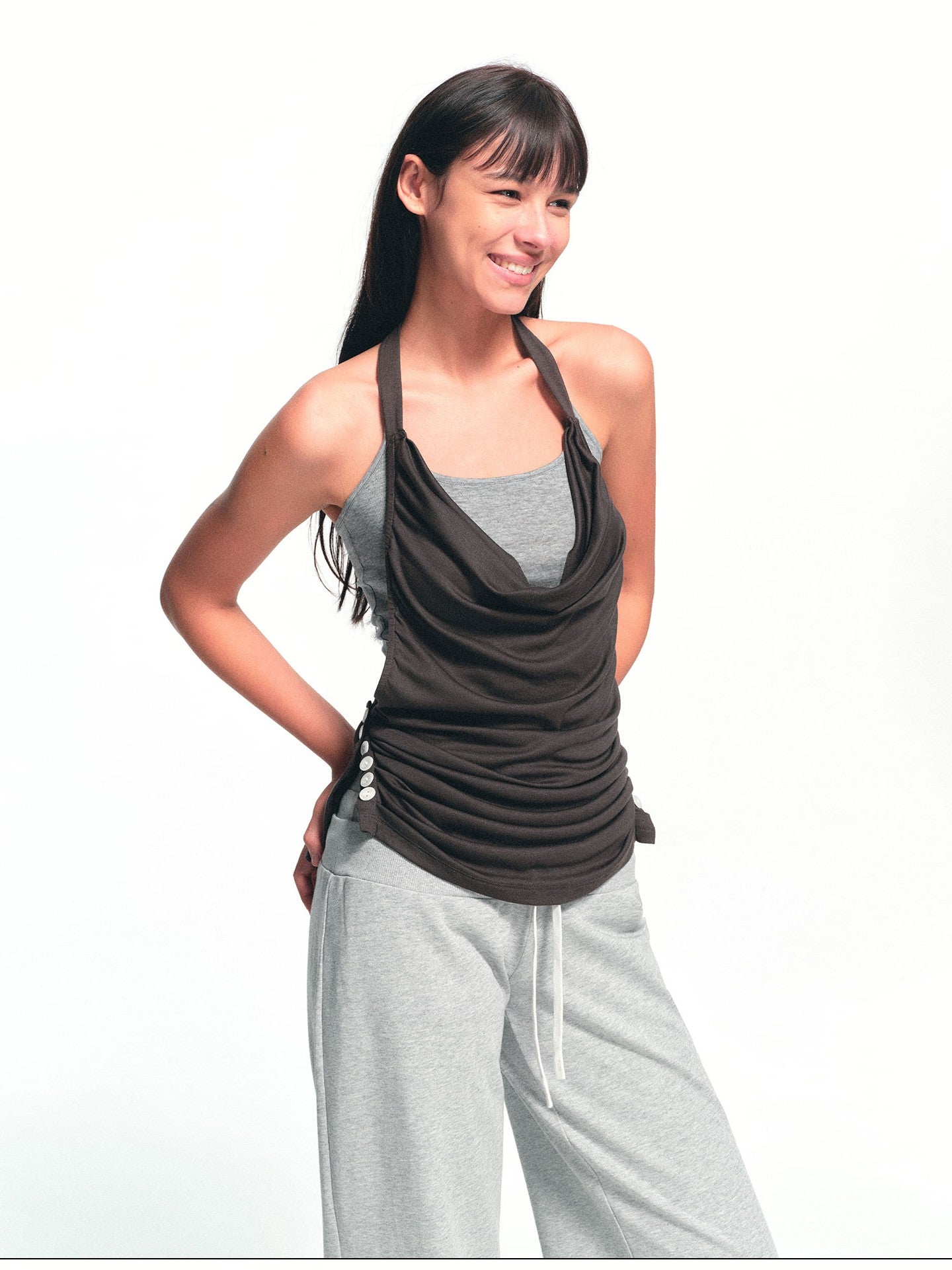 kvkv Deep Gray Ruched Cowl Neck Button Slit Vintage Women&