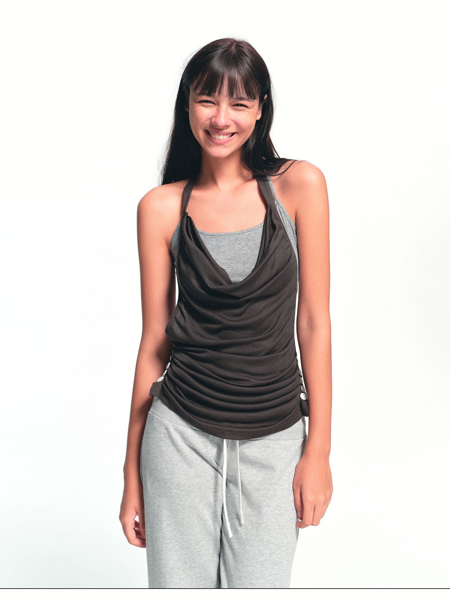 kvkv Deep Gray Ruched Cowl Neck Button Slit Vintage Women&