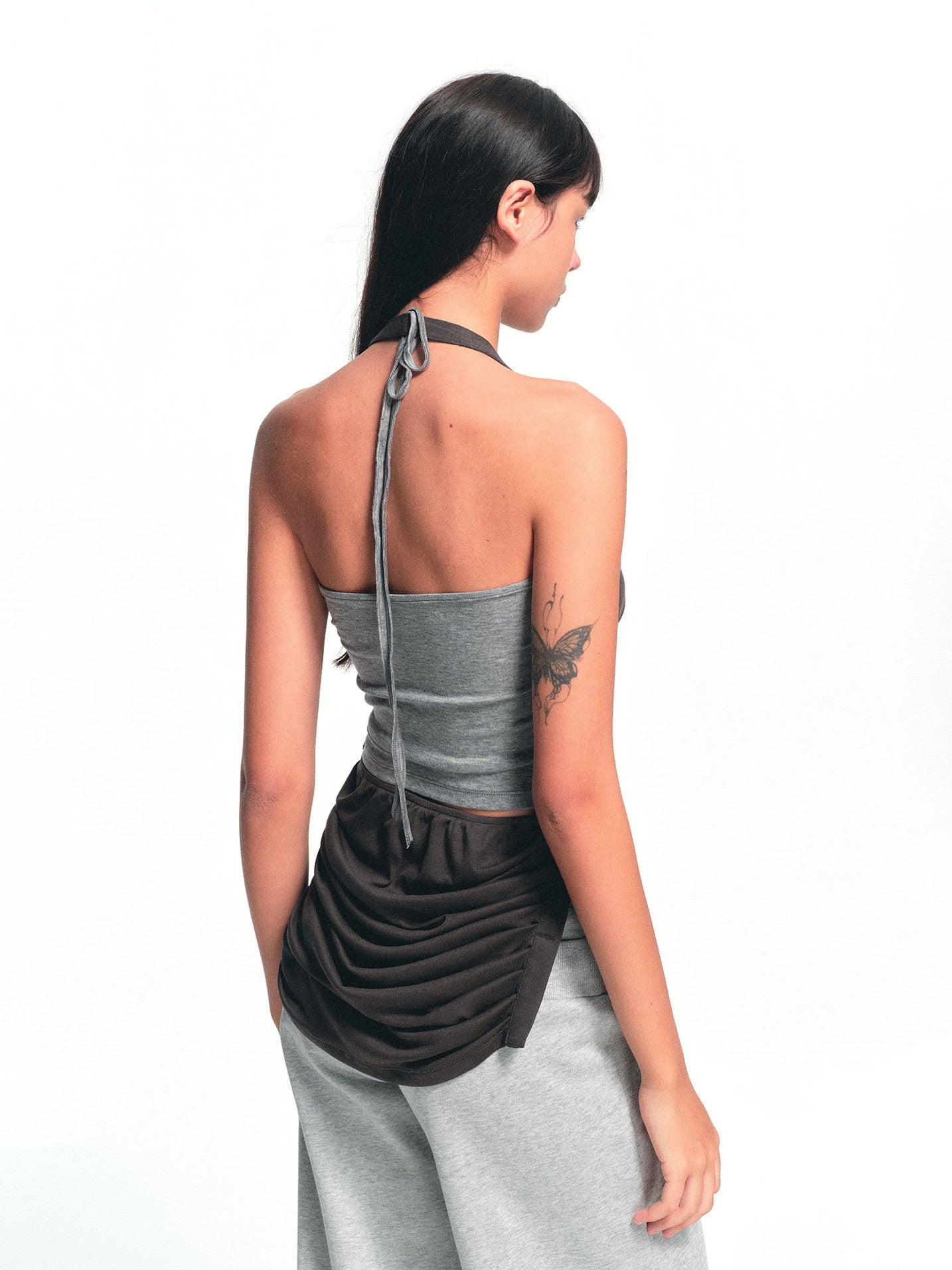 kvkv Deep Gray Ruched Cowl Neck Button Slit Vintage Women&