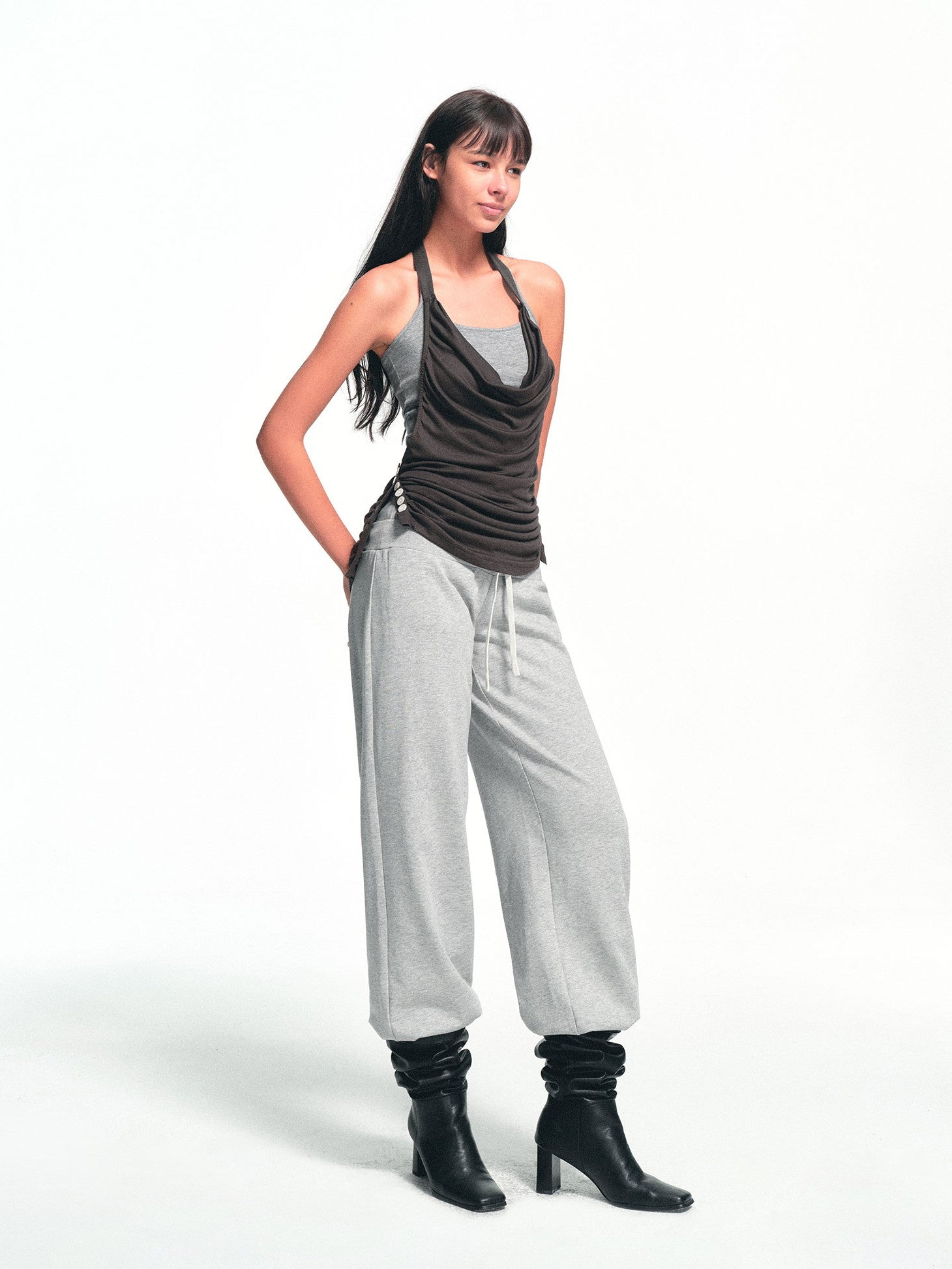 kvkv Deep Gray Ruched Cowl Neck Button Slit Vintage Women&