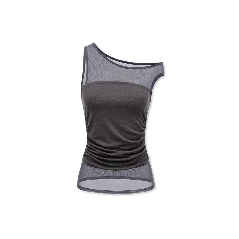 kvkv_Deep_Gray_Spliced_Mesh_Faux_Two_Asymmetric_Shoulder_Women&