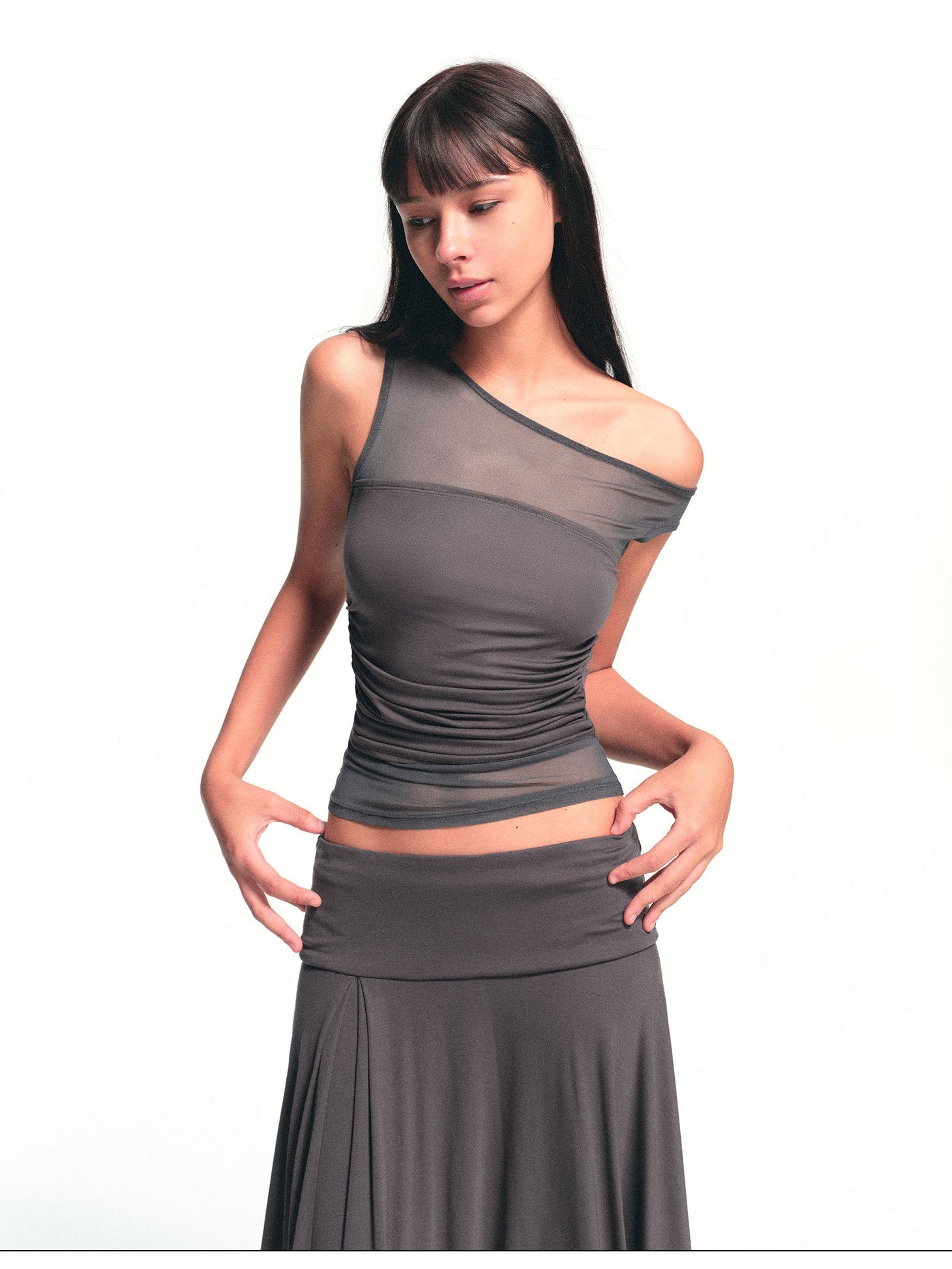 kvkv Deep Gray Spliced Mesh Faux Two Asymmetric Shoulder Women&