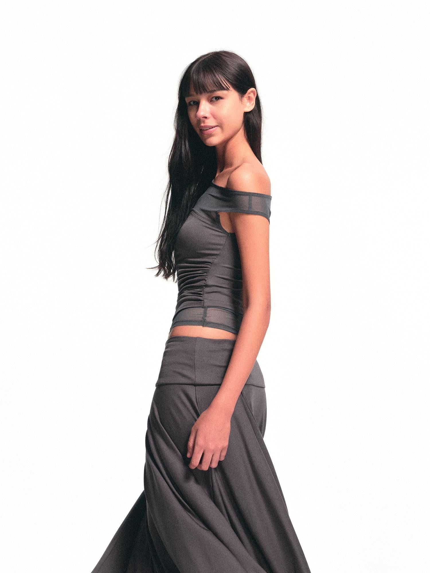 kvkv Deep Gray Spliced Mesh Faux Two Asymmetric Shoulder Women&