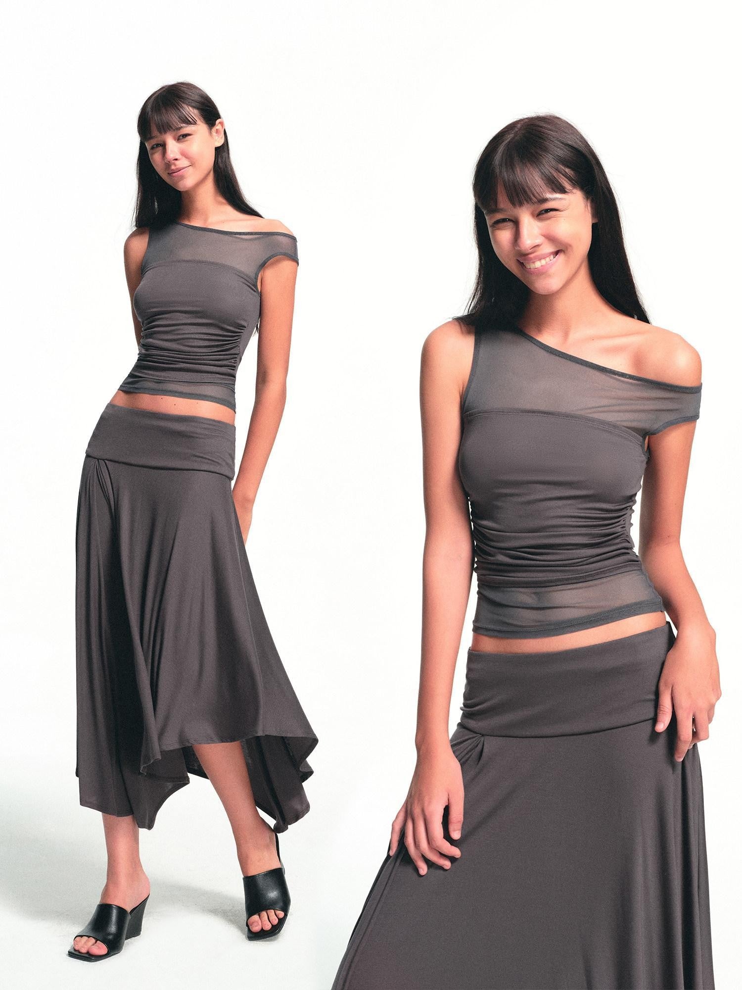 kvkv Deep Gray Spliced Mesh Faux Two Asymmetric Shoulder Women&