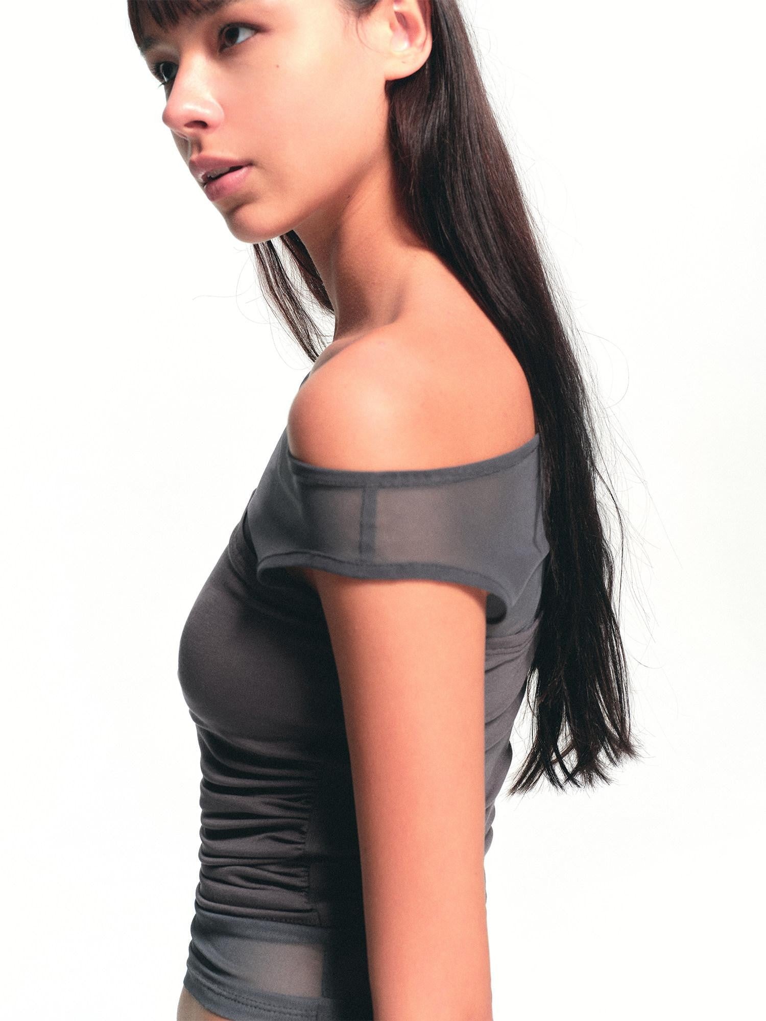 kvkv Deep Gray Spliced Mesh Faux Two Asymmetric Shoulder Women&
