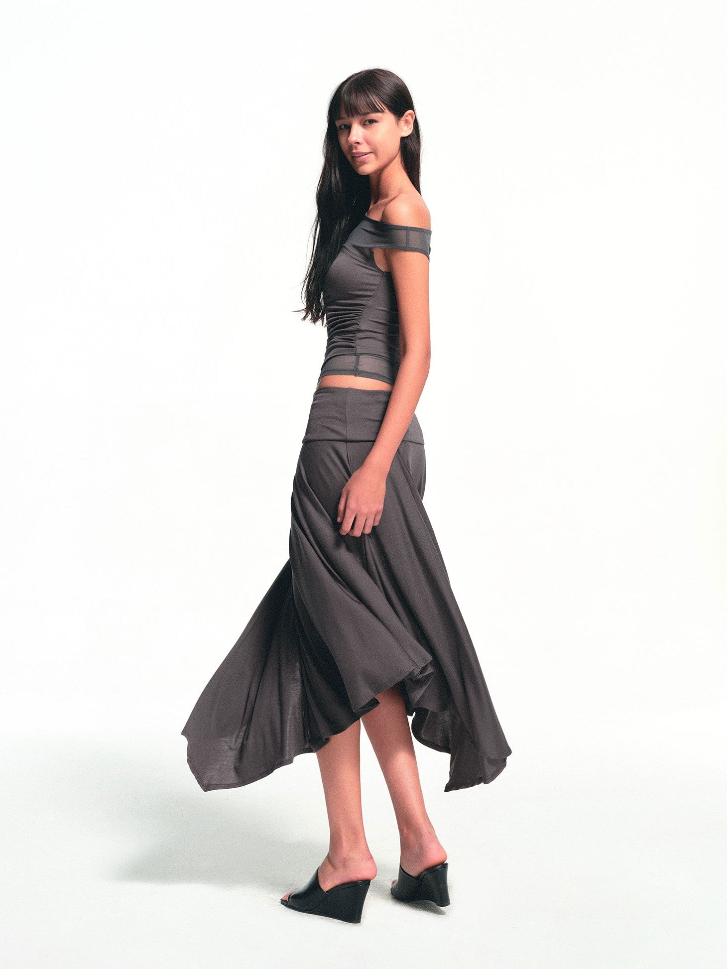 kvkv Deep Gray Spliced Mesh Faux Two Asymmetric Shoulder Women&