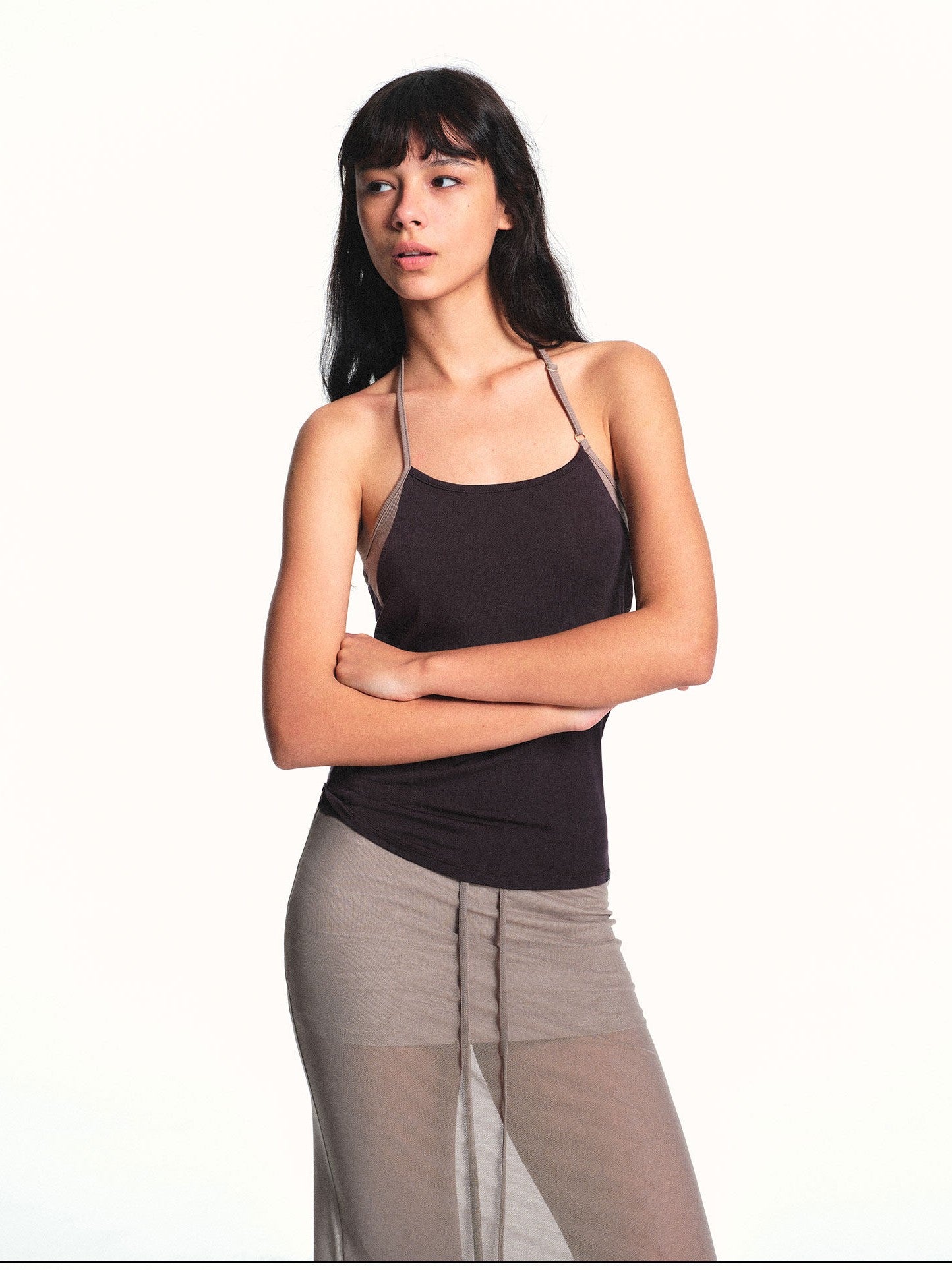 kvkv Deep Purple Contrast Panel Adjustable Halter U Neck Women&