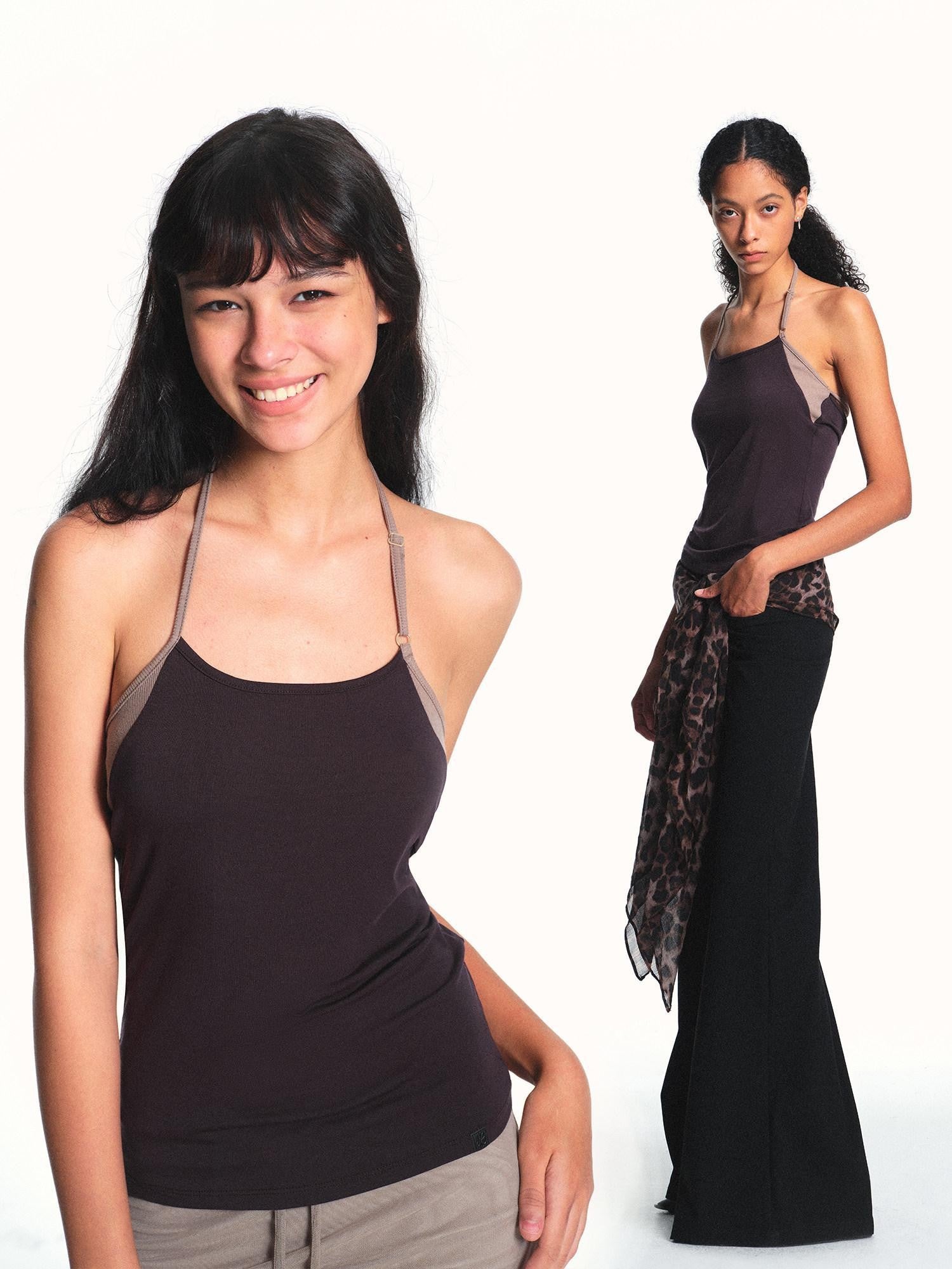 kvkv Deep Purple Contrast Panel Adjustable Halter U Neck Women&
