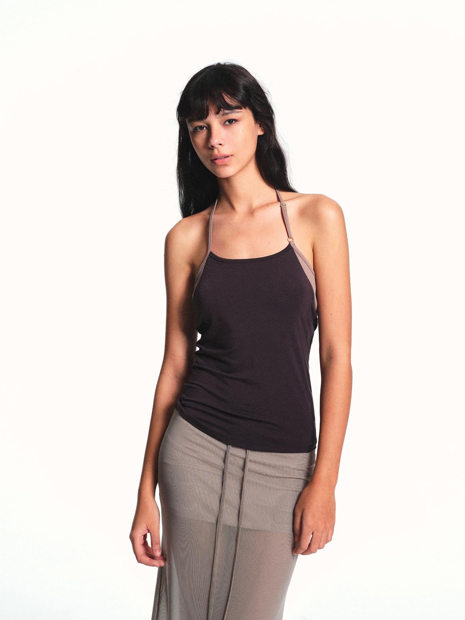 kvkv Deep Purple Contrast Panel Adjustable Halter U Neck Women&