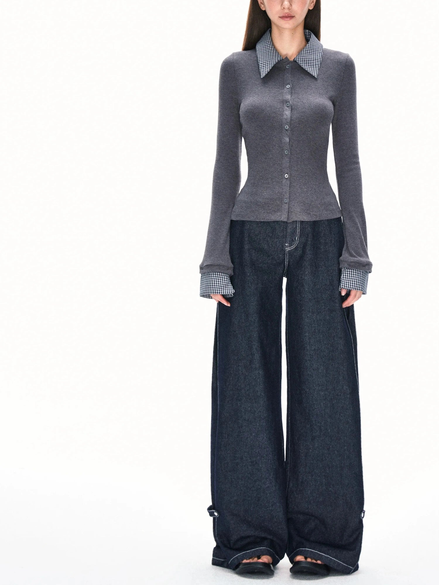 kvkv Detachable Collar Plaid Knit Shirt Cardigan