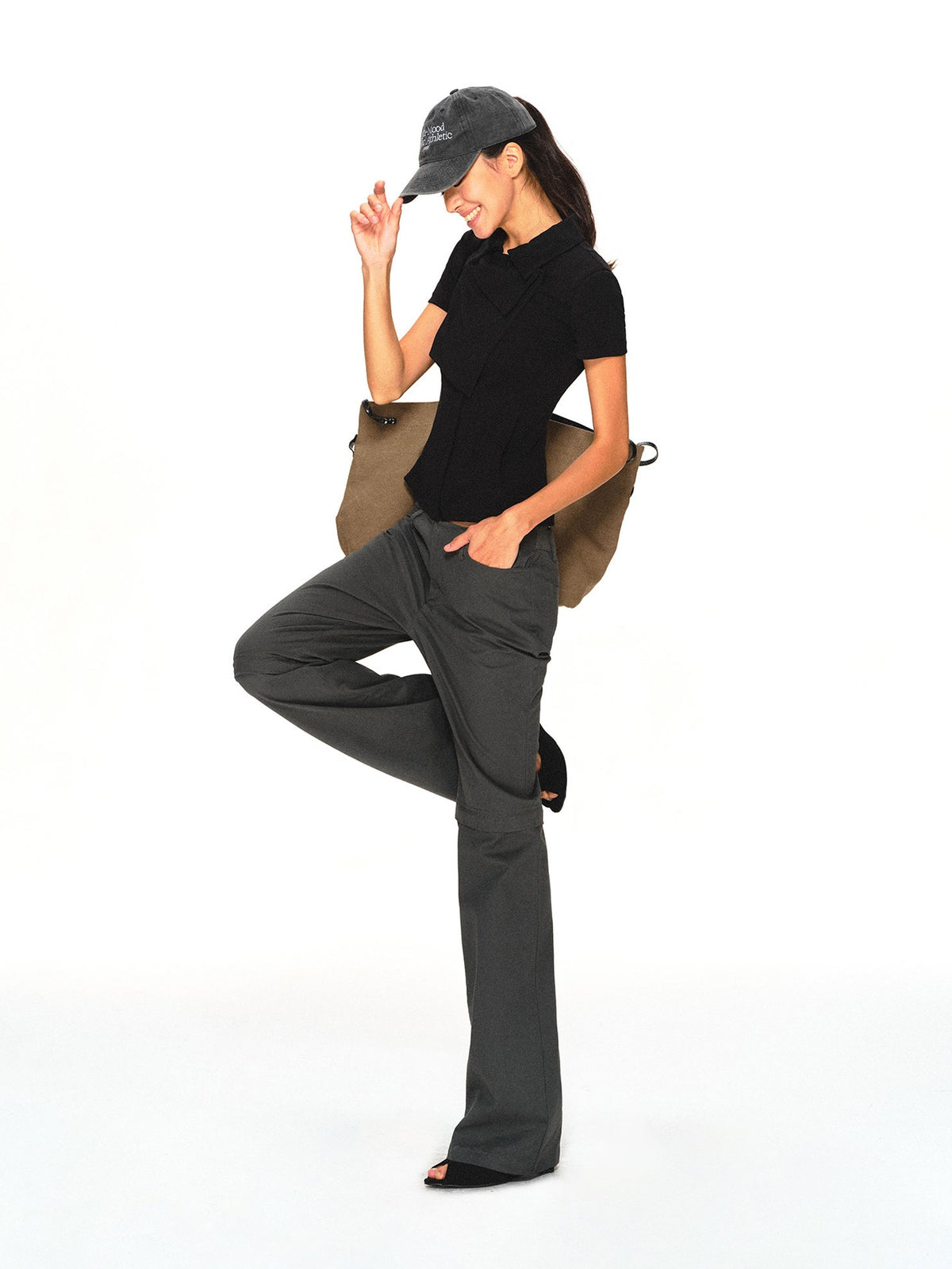 kvkv Detachable Leg Dark Gray Low Waist Washed Cotton Women&