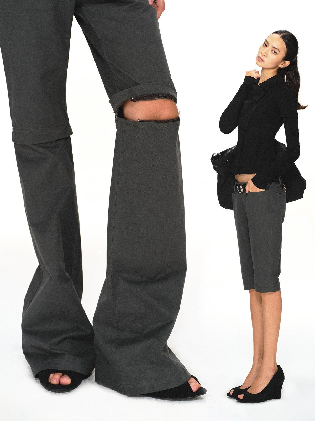 kvkv Detachable Leg Dark Gray Low Waist Washed Cotton Women&