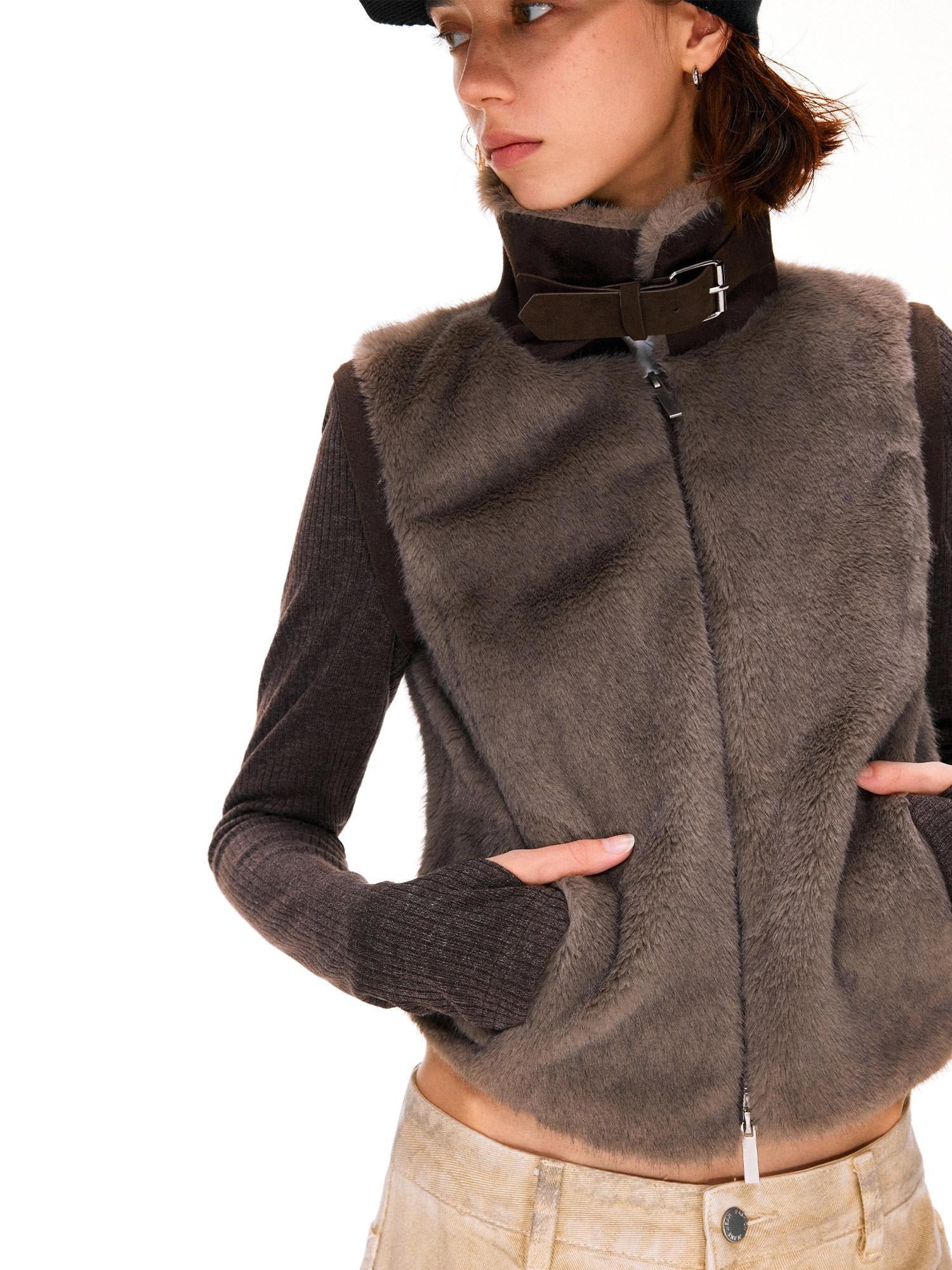 kvkv Detachable Short Vintage Stand Collar Zipper Polyester Womens Dark Brown Jacket