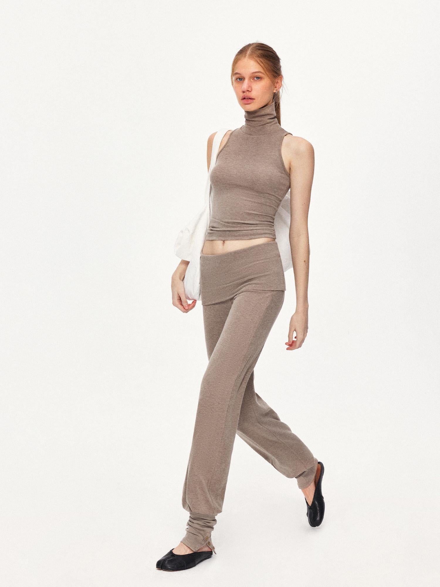 kvkv Detachable Sporty Straight Leg Foldover Waist Women Cotton Blend Wheat Pants