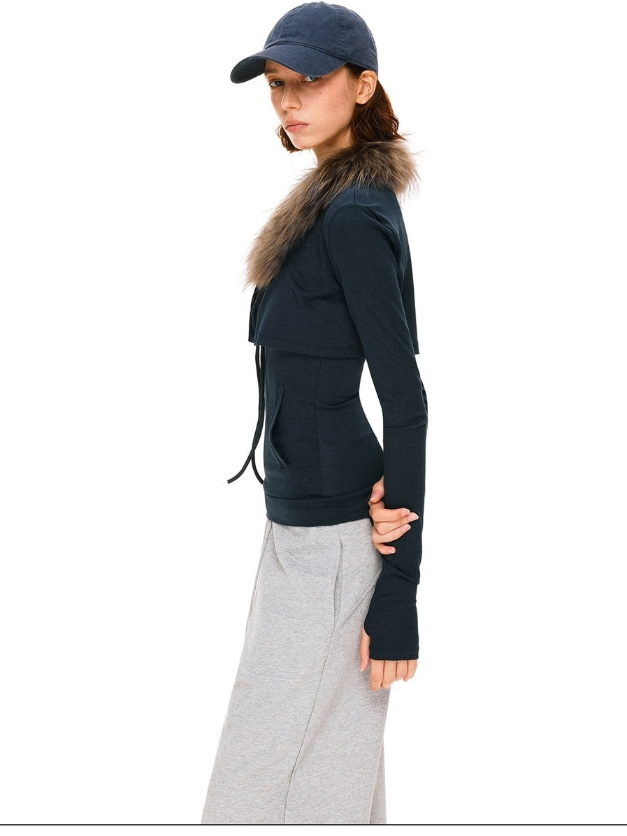 kvkv Detachable Zip Short Slim Fit Casual Womens Navy Cotton Blend Jacket