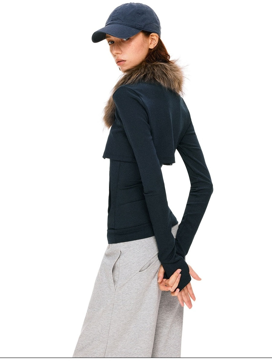 kvkv Detachable Zip Short Slim Fit Casual Womens Navy Cotton Blend Jacket