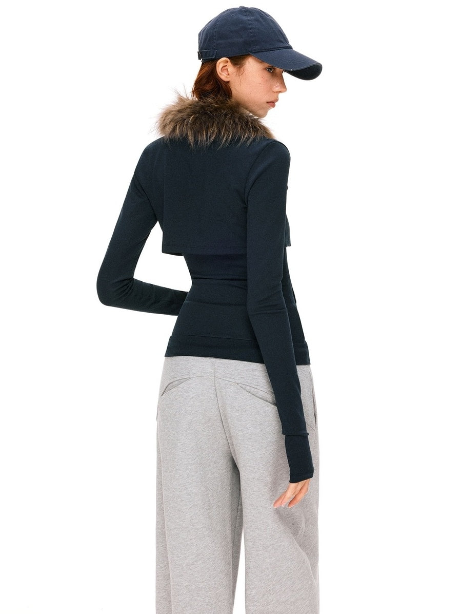 kvkv Detachable Zip Short Slim Fit Casual Womens Navy Cotton Blend Jacket