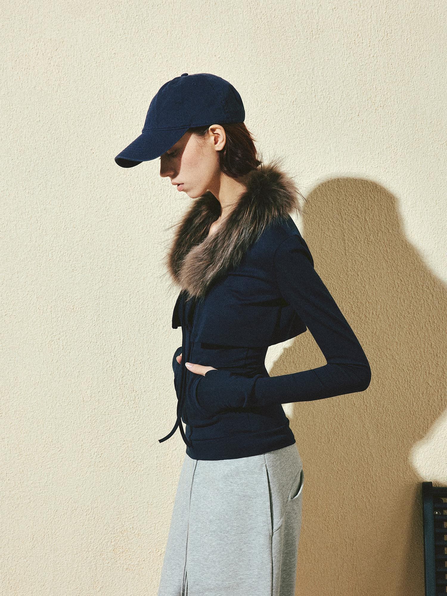 kvkv Detachable Zip Short Slim Fit Casual Womens Navy Cotton Blend Jacket