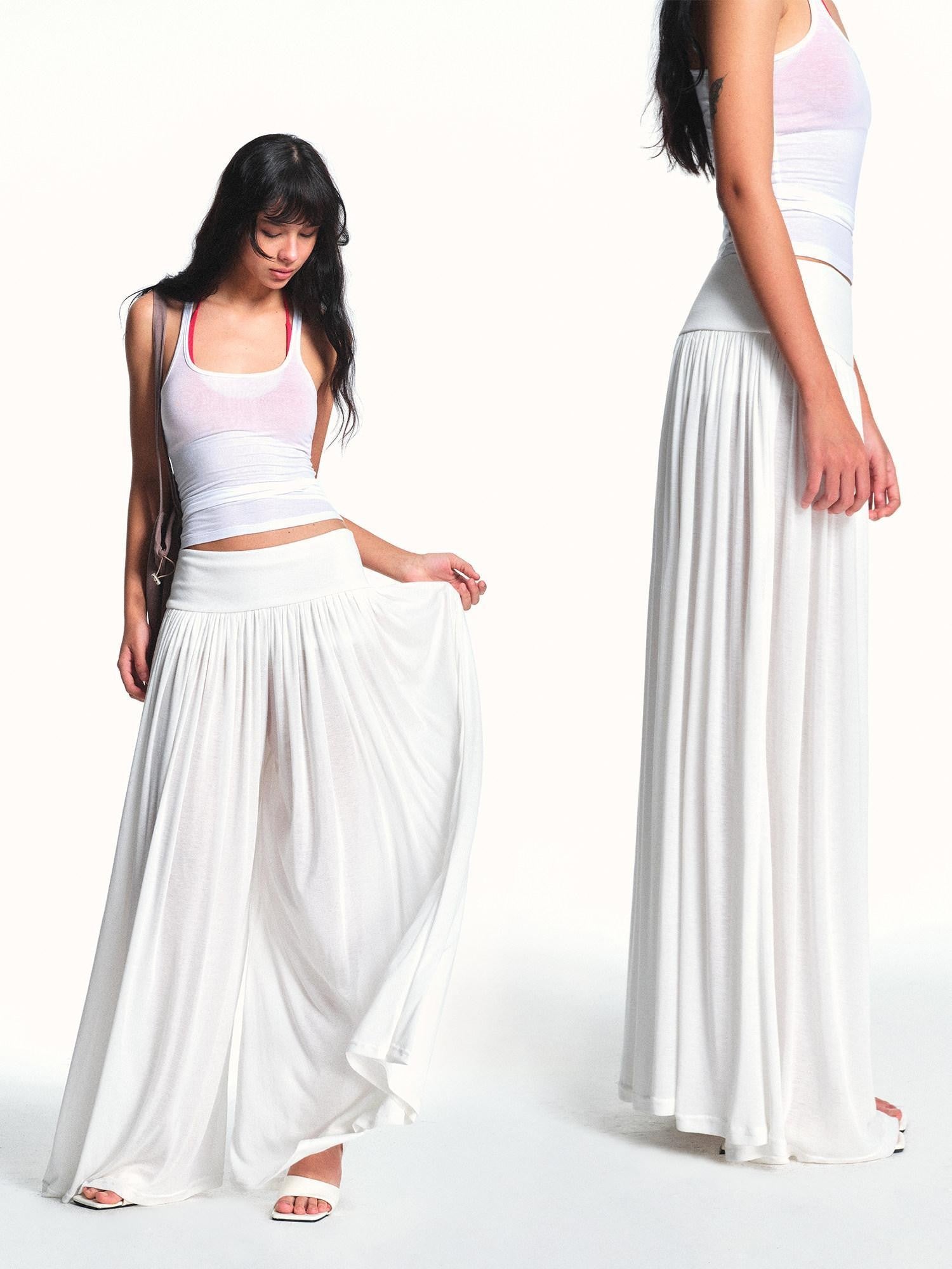kvkv Flowy Pleated Wide Waistband Sheer White Wide Leg Women&