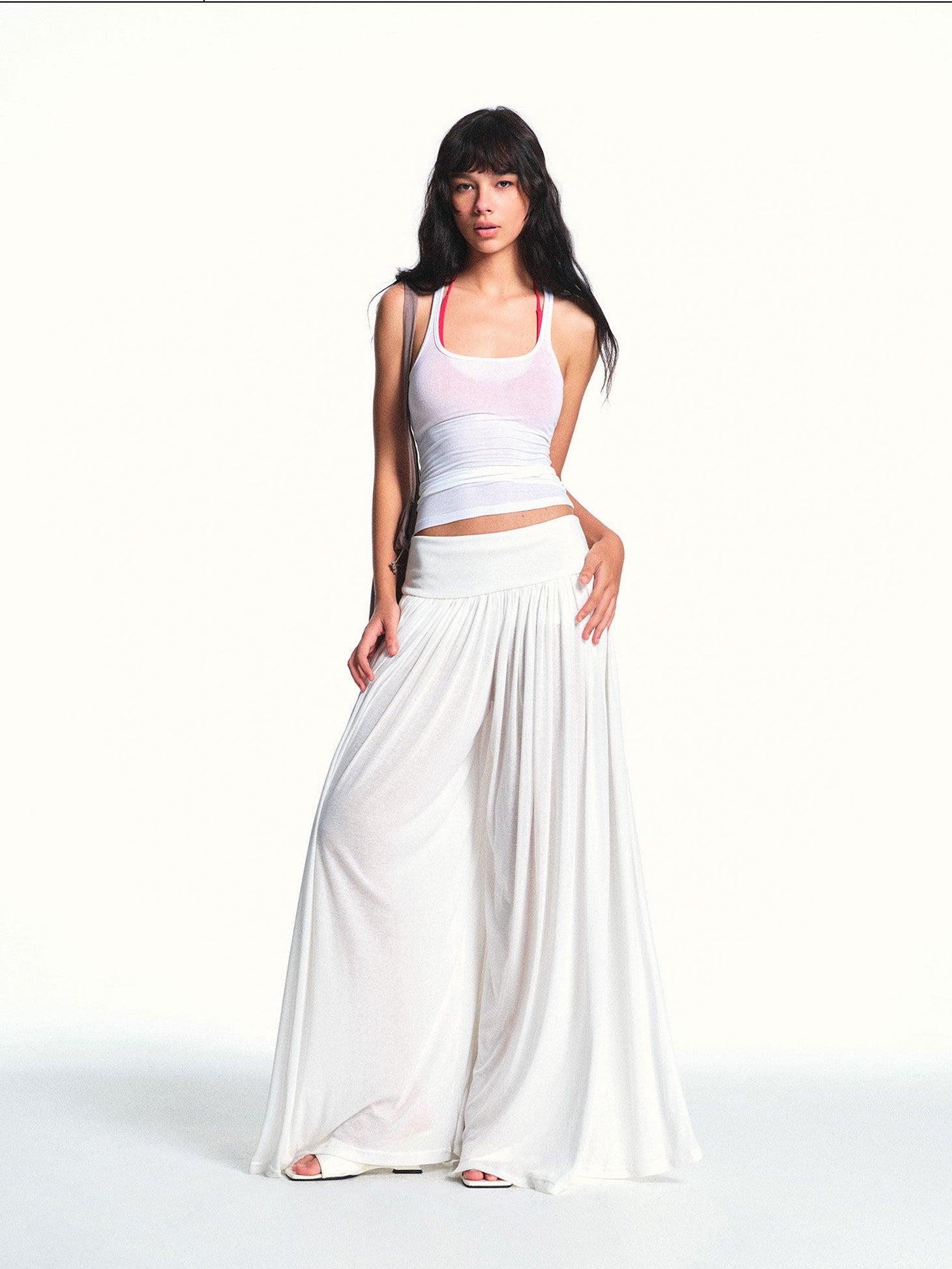 kvkv Flowy Pleated Wide Waistband Sheer White Wide Leg Women&