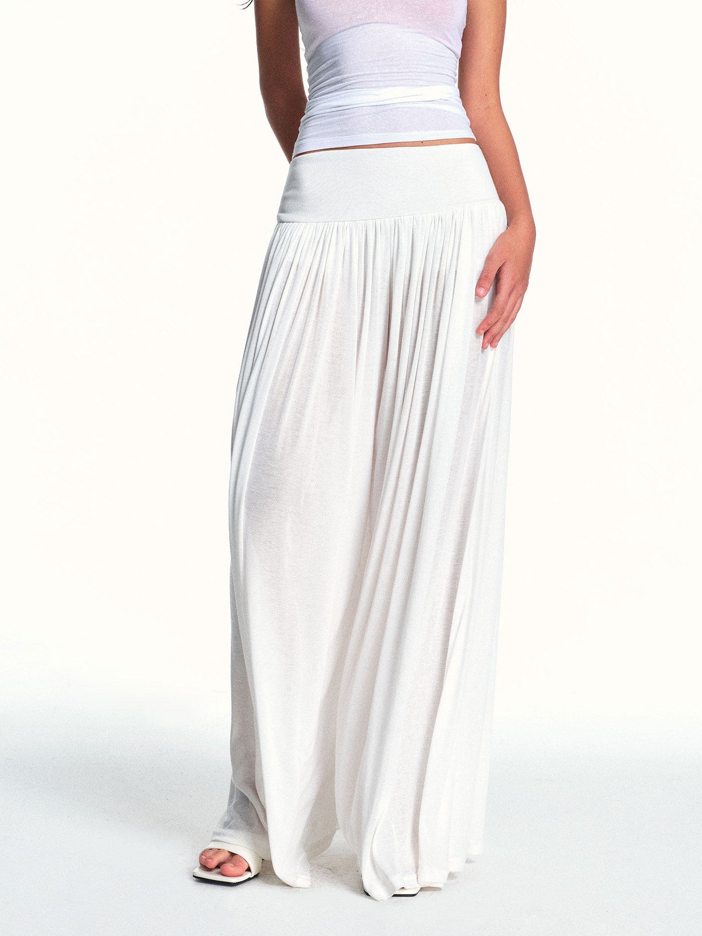 kvkv Flowy Pleated Wide Waistband Sheer White Wide Leg Women&