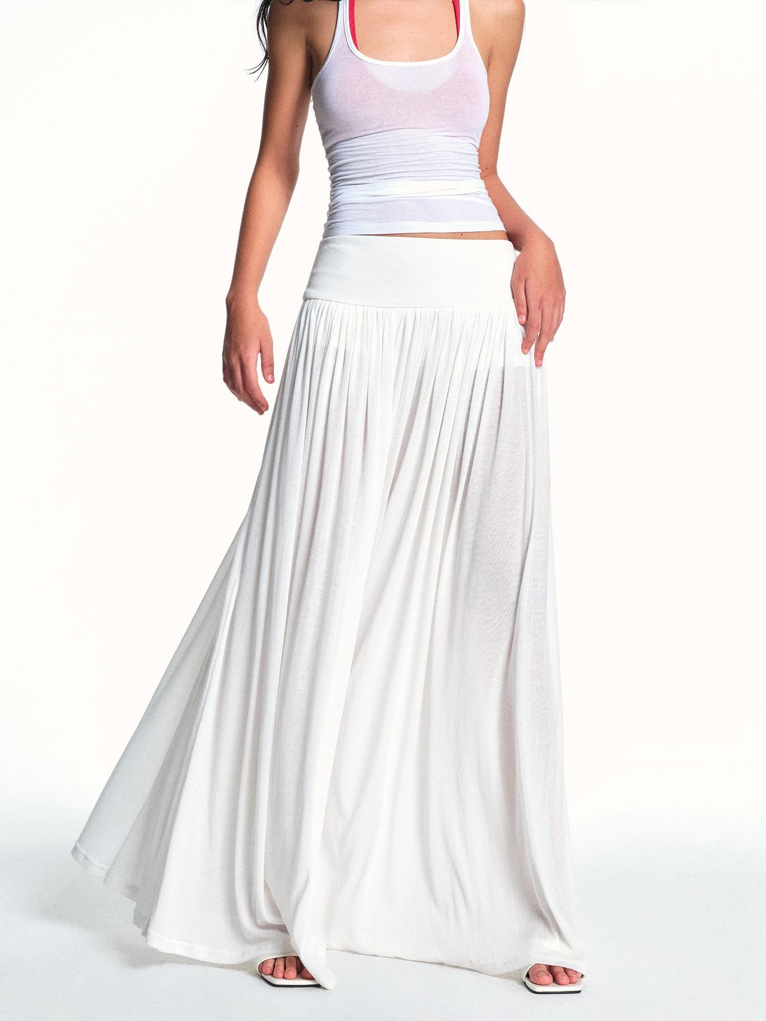 kvkv Flowy Pleated Wide Waistband Sheer White Wide Leg Women&