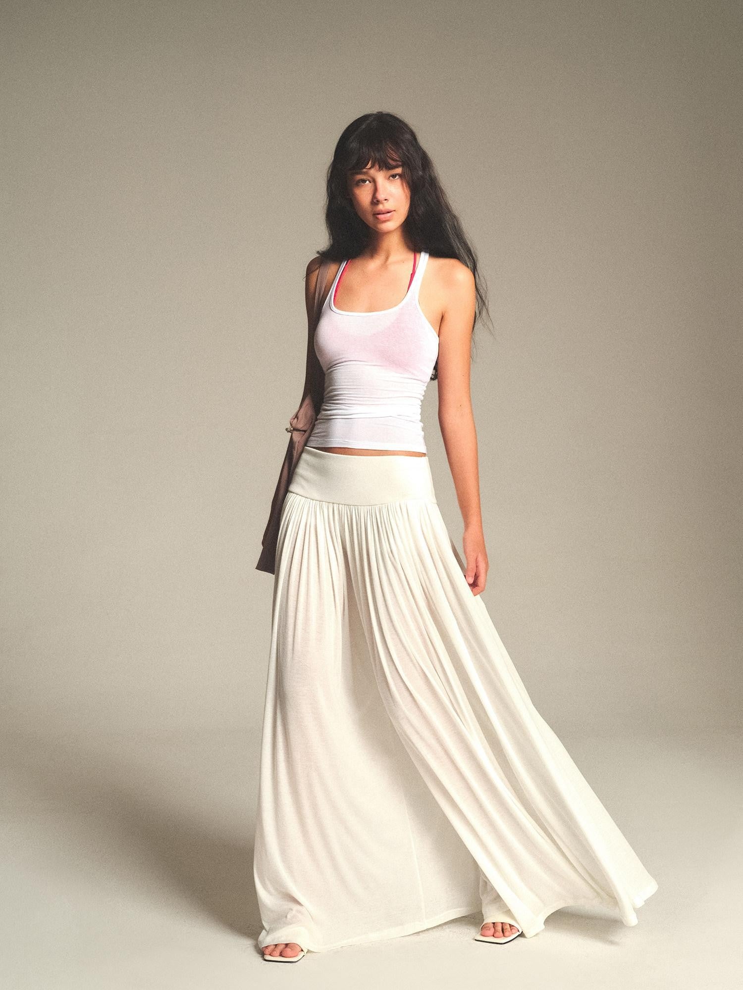 kvkv Flowy Pleated Wide Waistband Sheer White Wide Leg Women&