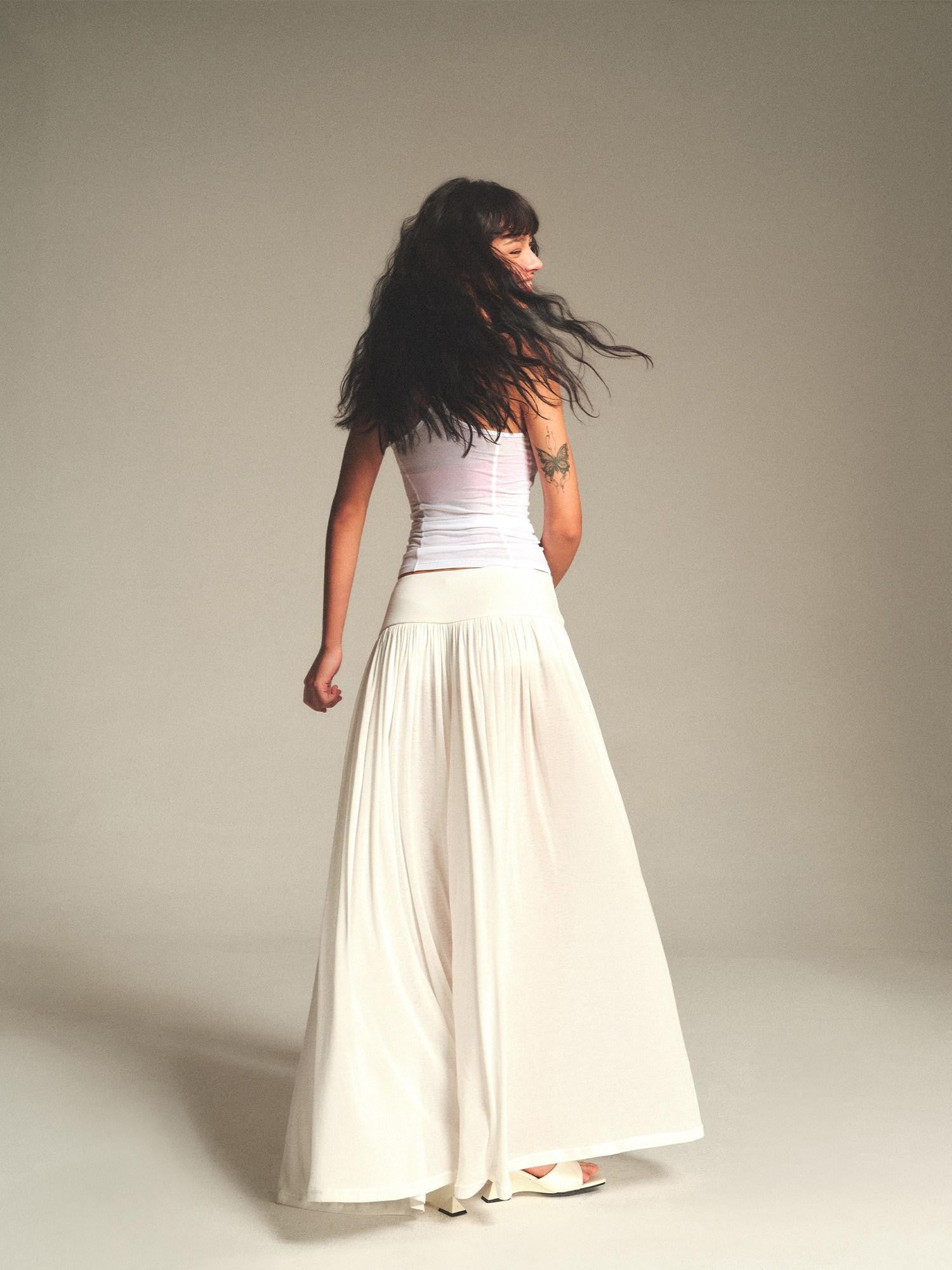 kvkv Flowy Pleated Wide Waistband Sheer White Wide Leg Women&