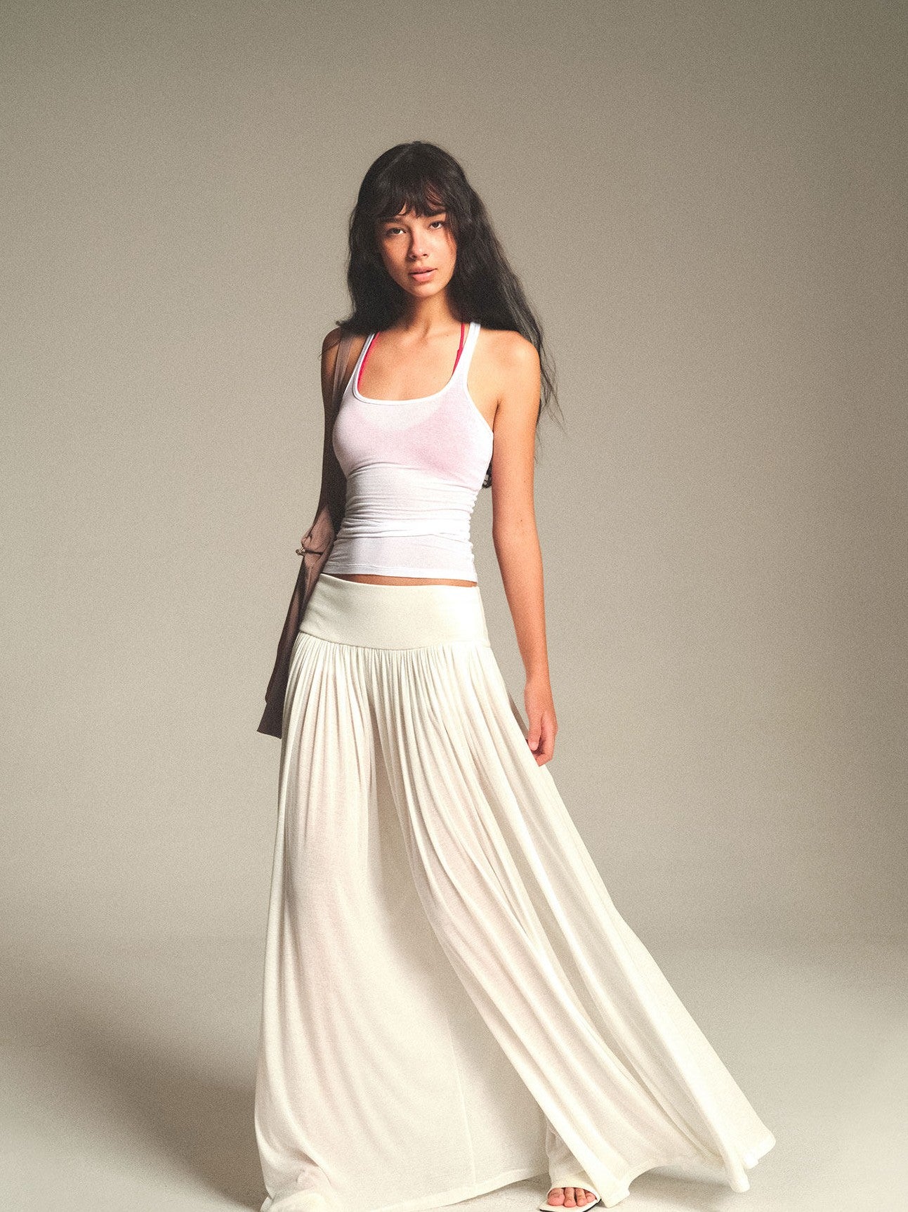 kvkv Flowy Pleated Wide Waistband Sheer White Wide Leg Women&