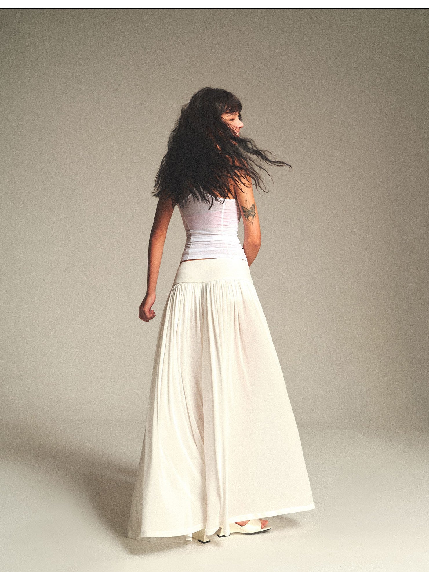 kvkv Flowy Pleated Wide Waistband Sheer White Wide Leg Women&