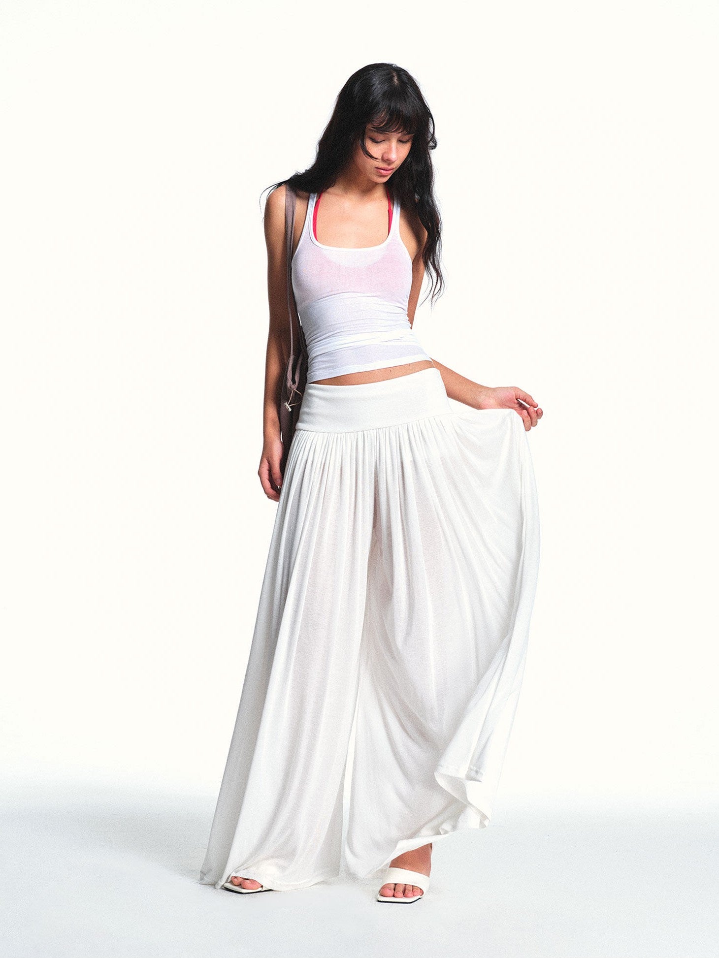 kvkv Flowy Pleated Wide Waistband Sheer White Wide Leg Women&