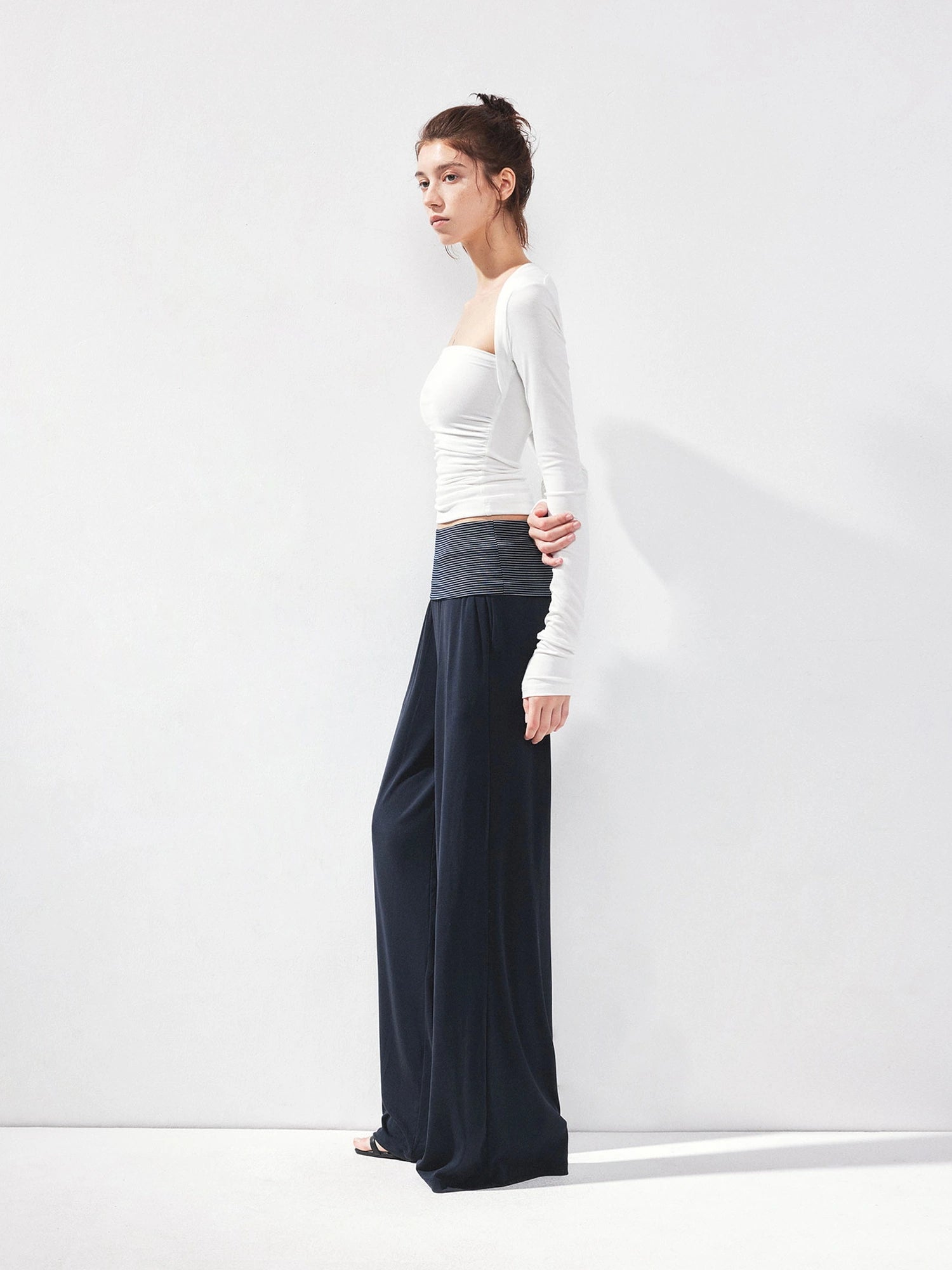 kvkv Fold Waist Stripe Knit Flare Pants